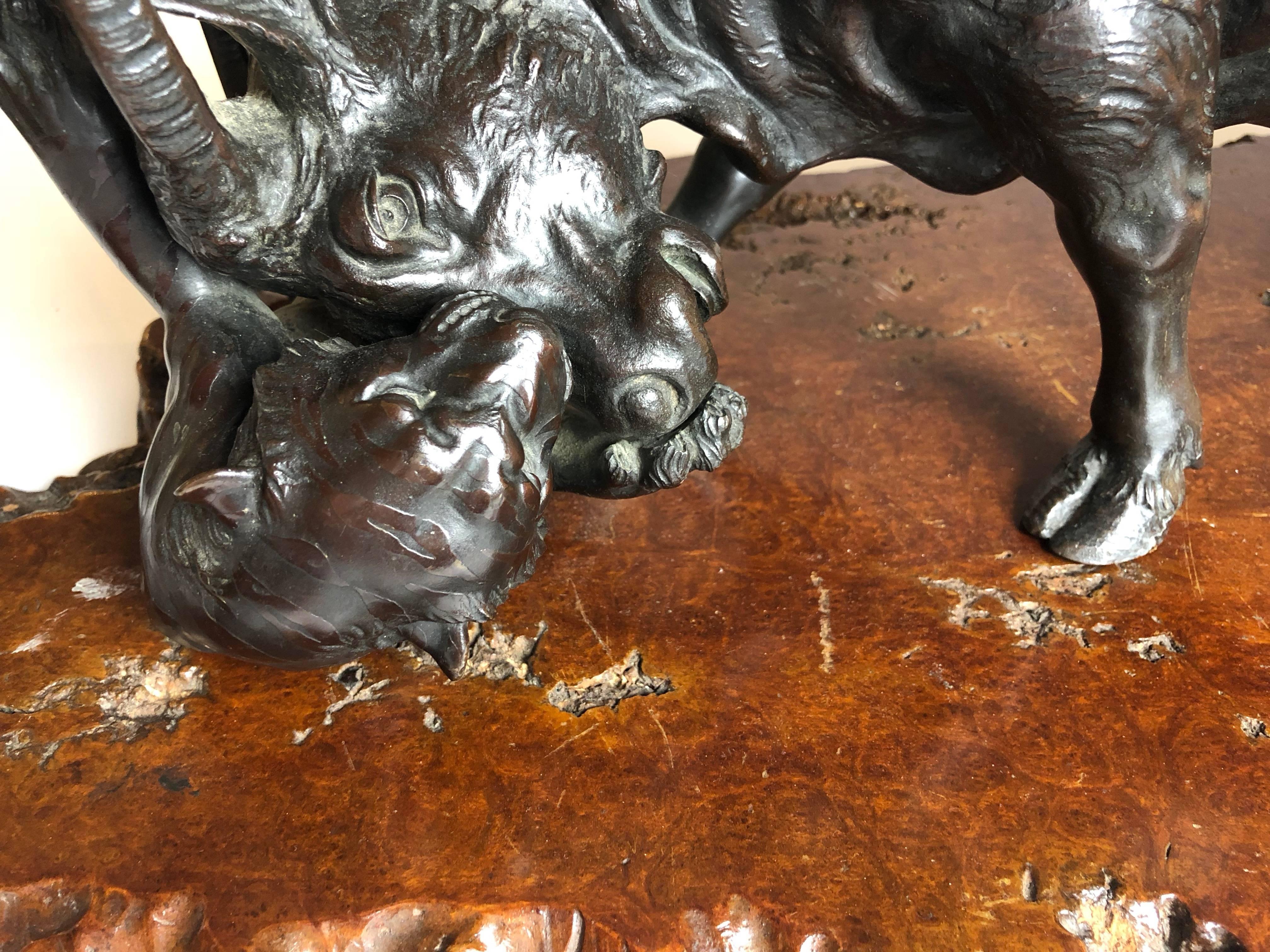 Very Large Meiji Period Japanese Bronze of a Buffalo Being Attacked by Tigers 1