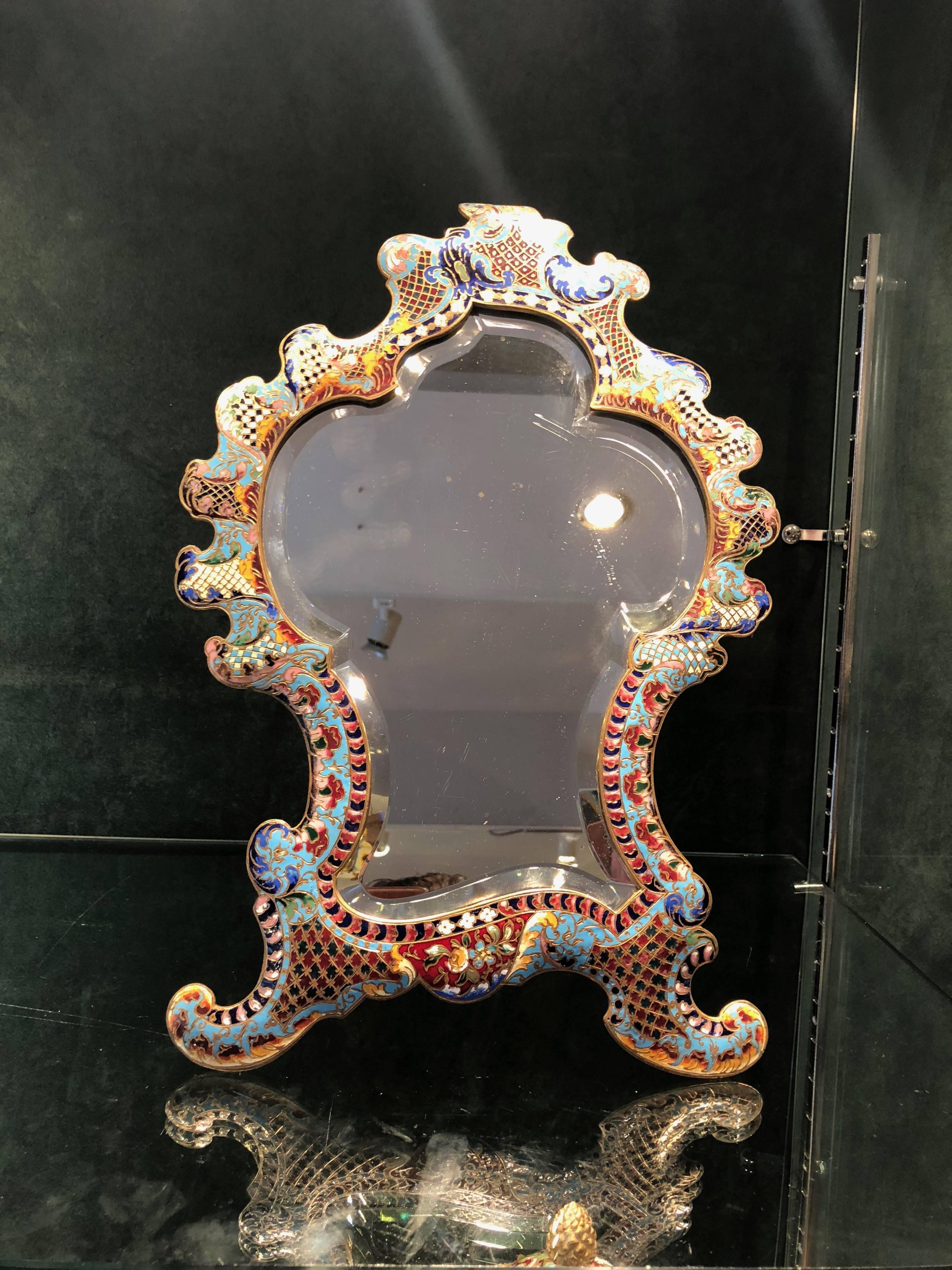 French 19th Century Champlevé Bronze and Enamel Mirror, circa 1880 In Good Condition In London, GB