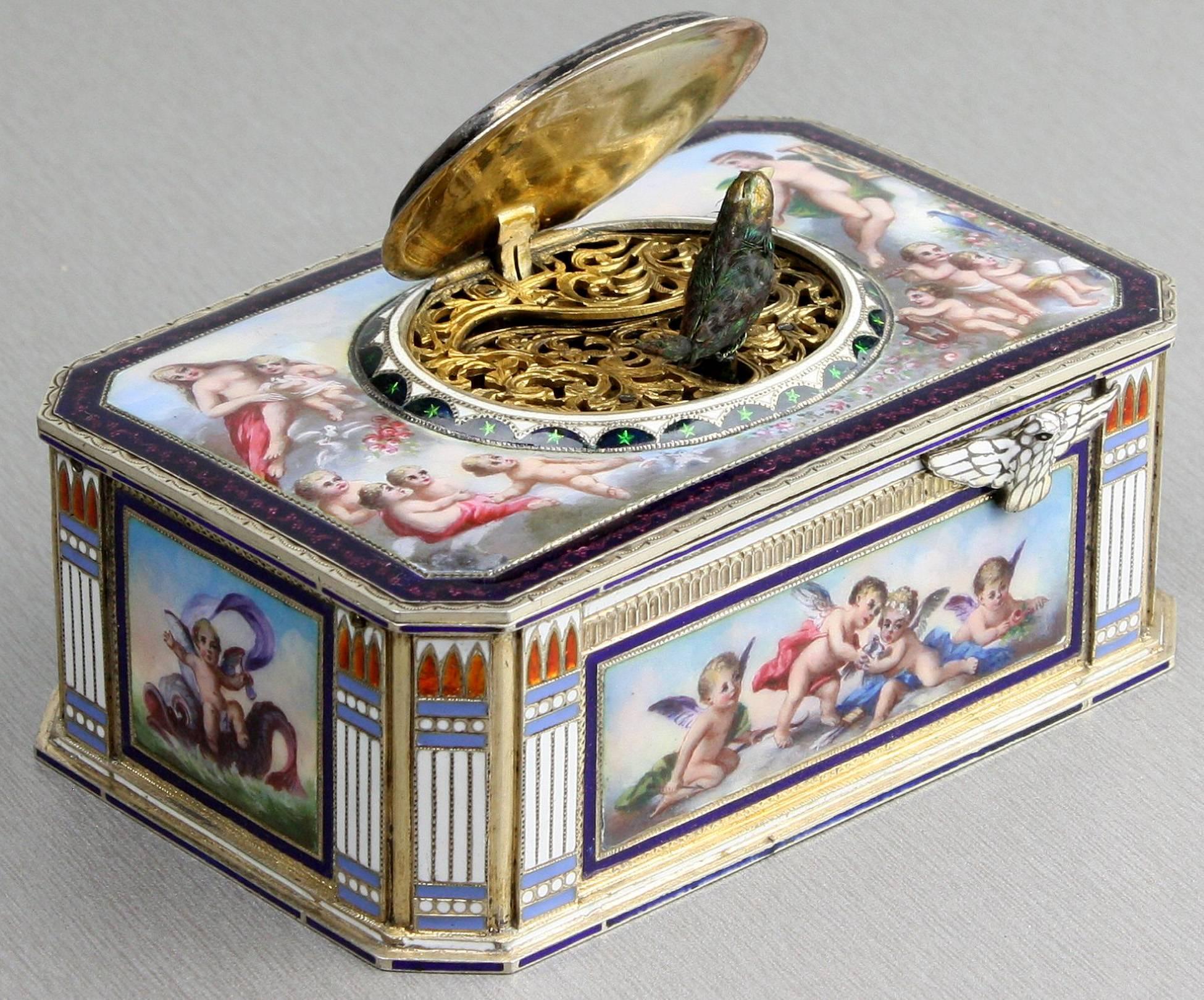 A magnificent early vintage silver and full pictorial enamel singing bird box by Karl Griesbaum,
 
German,

circa 1920.
 
A deluxe variant of the No. 7 model.

A video of this fantastic singing bird box in action is available, please contact