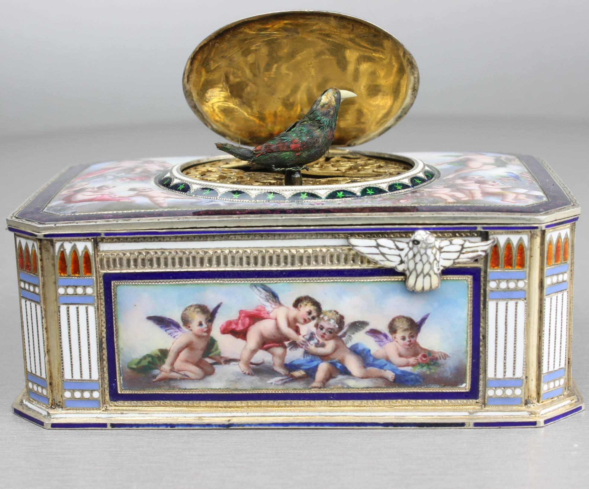 German Vintage Silver and Full Pictorial Enamel Singing Bird Box by Karl Griesbaum
