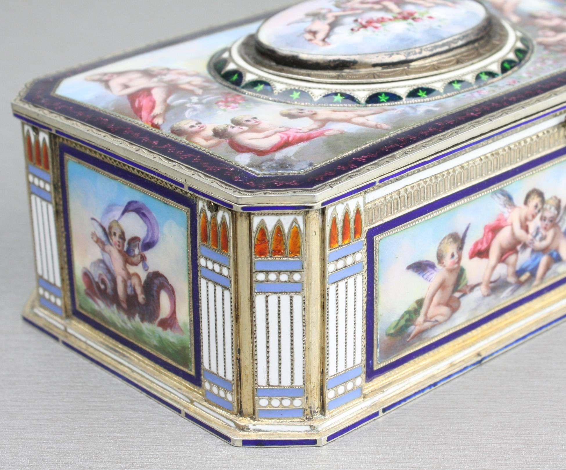 Vintage Silver and Full Pictorial Enamel Singing Bird Box by Karl Griesbaum In Excellent Condition In London, GB