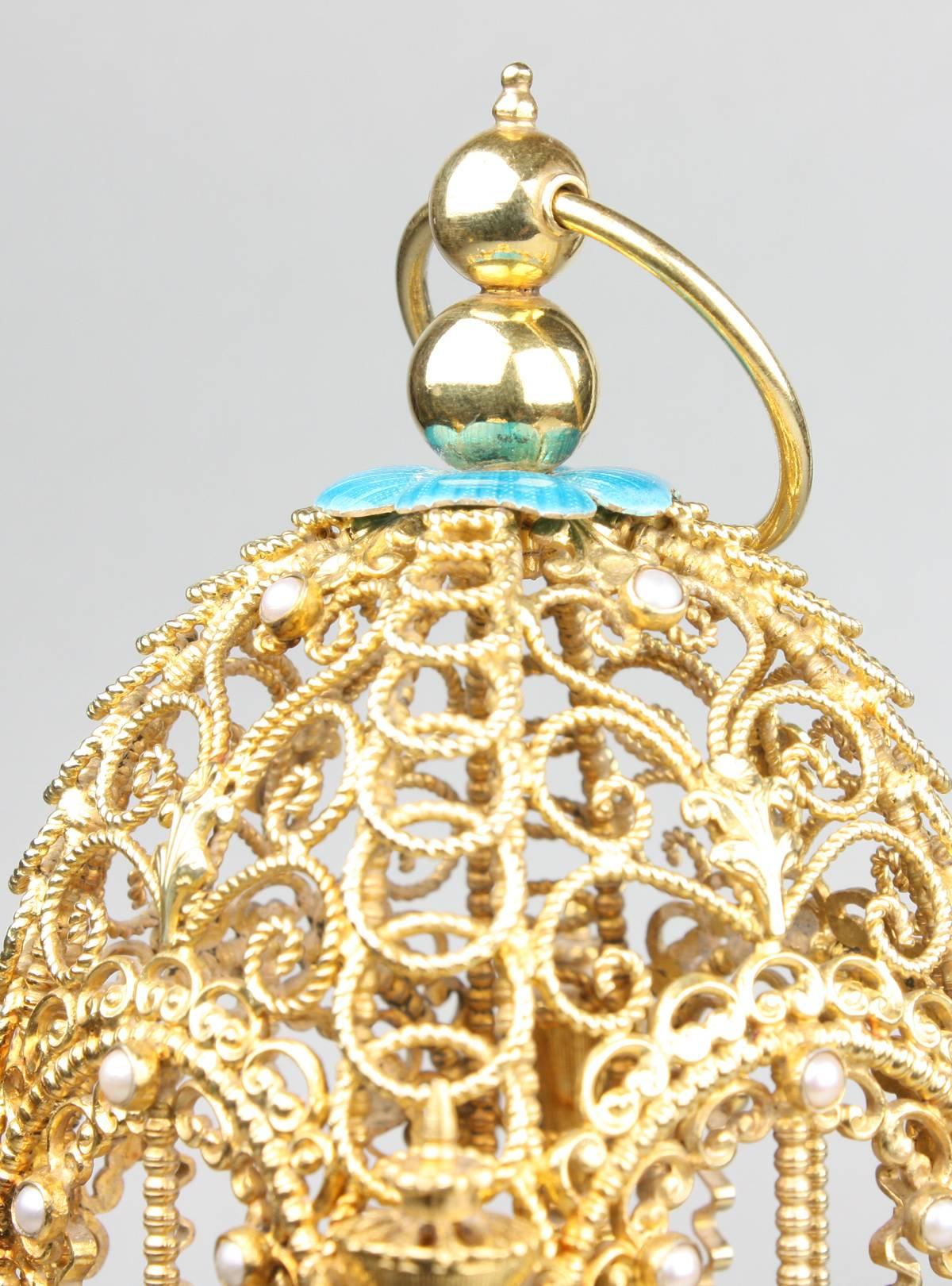 German Vintage Silver Gilt, Turquoise Enamel Singing Bird Cage