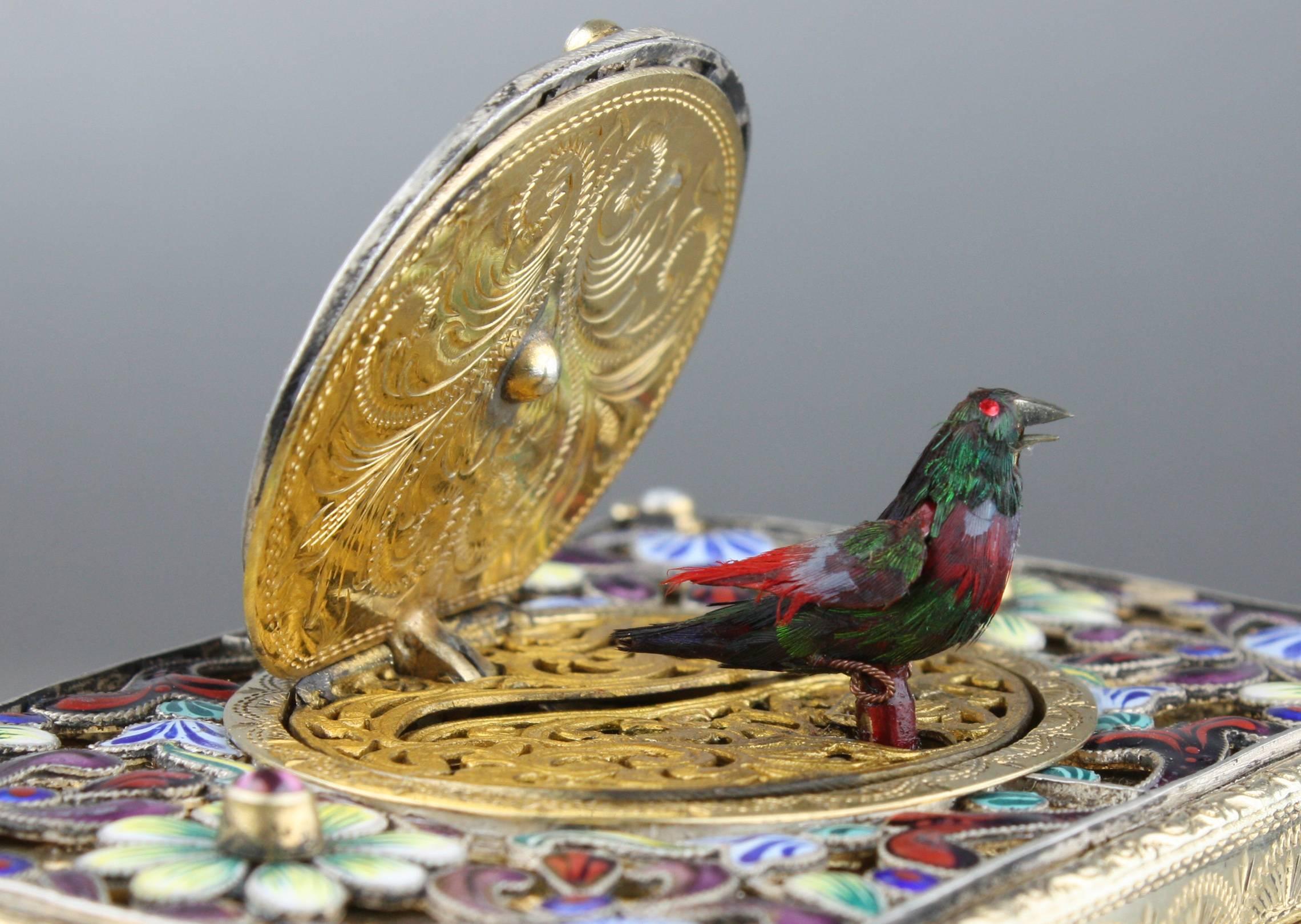 20th Century Vintage Silver-Gilt and Filigree Enamel Singing Bird Box by Karl Griesbaum