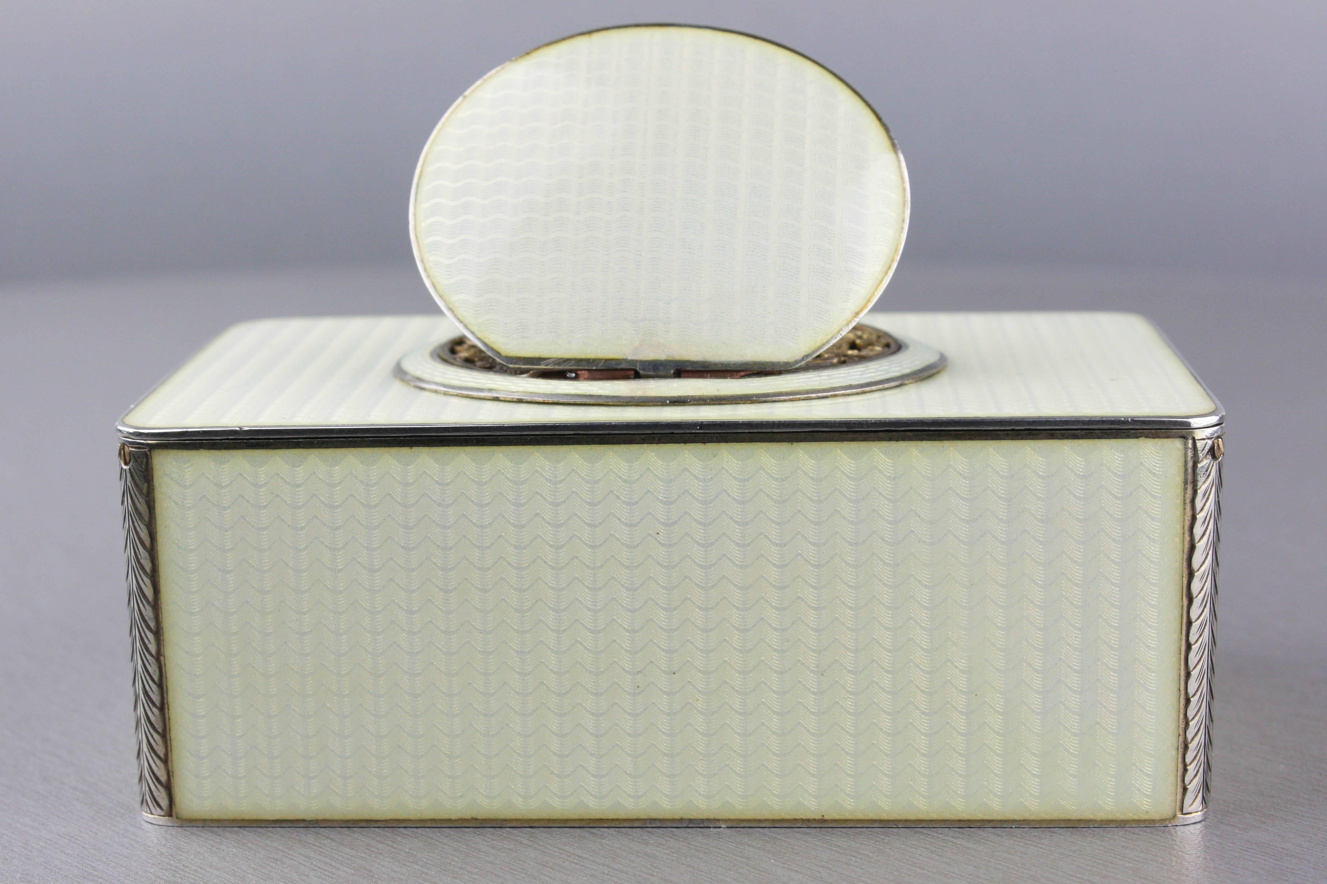 French Vintage Silver and Full Cream Guilloche Enamel Singing Bird Box