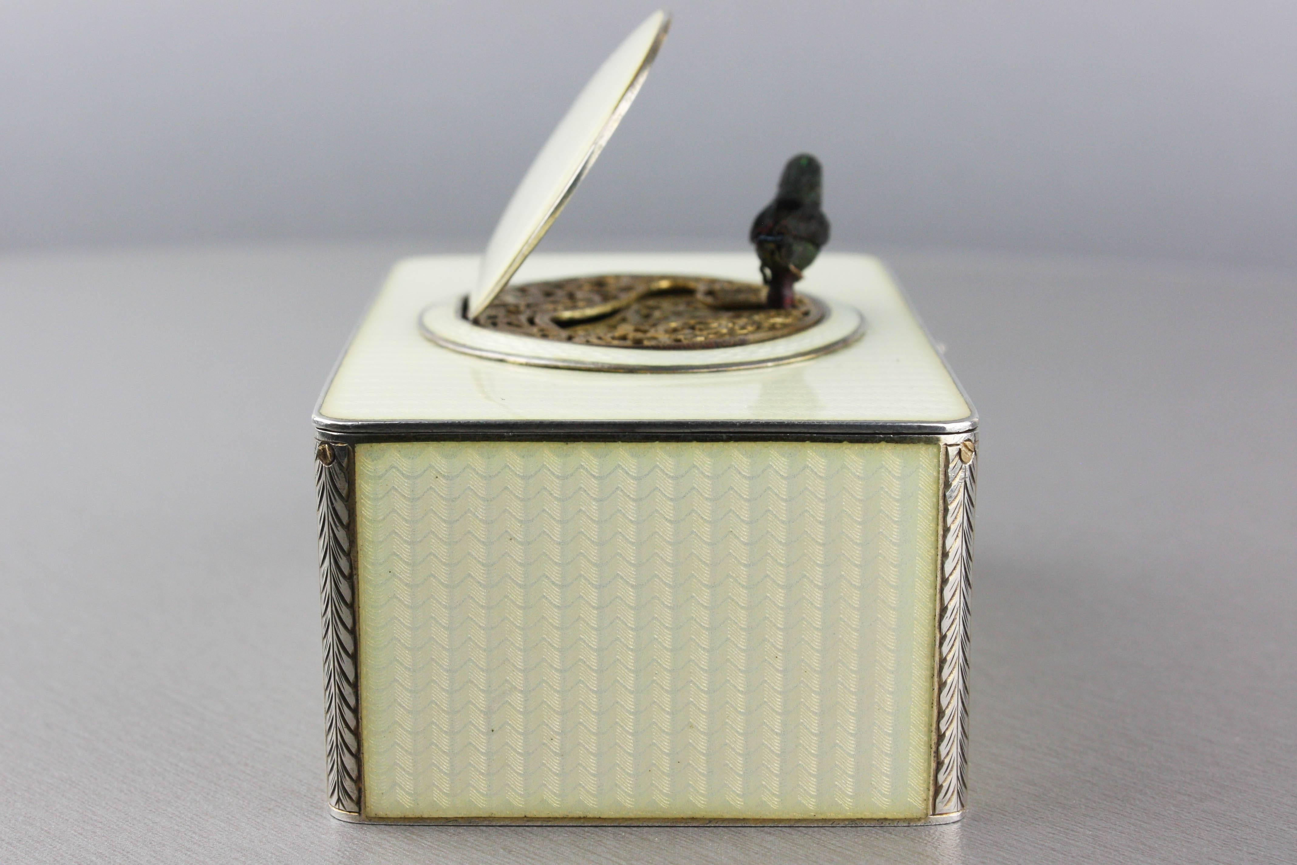 Vintage Silver and Full Cream Guilloche Enamel Singing Bird Box In Excellent Condition In London, GB