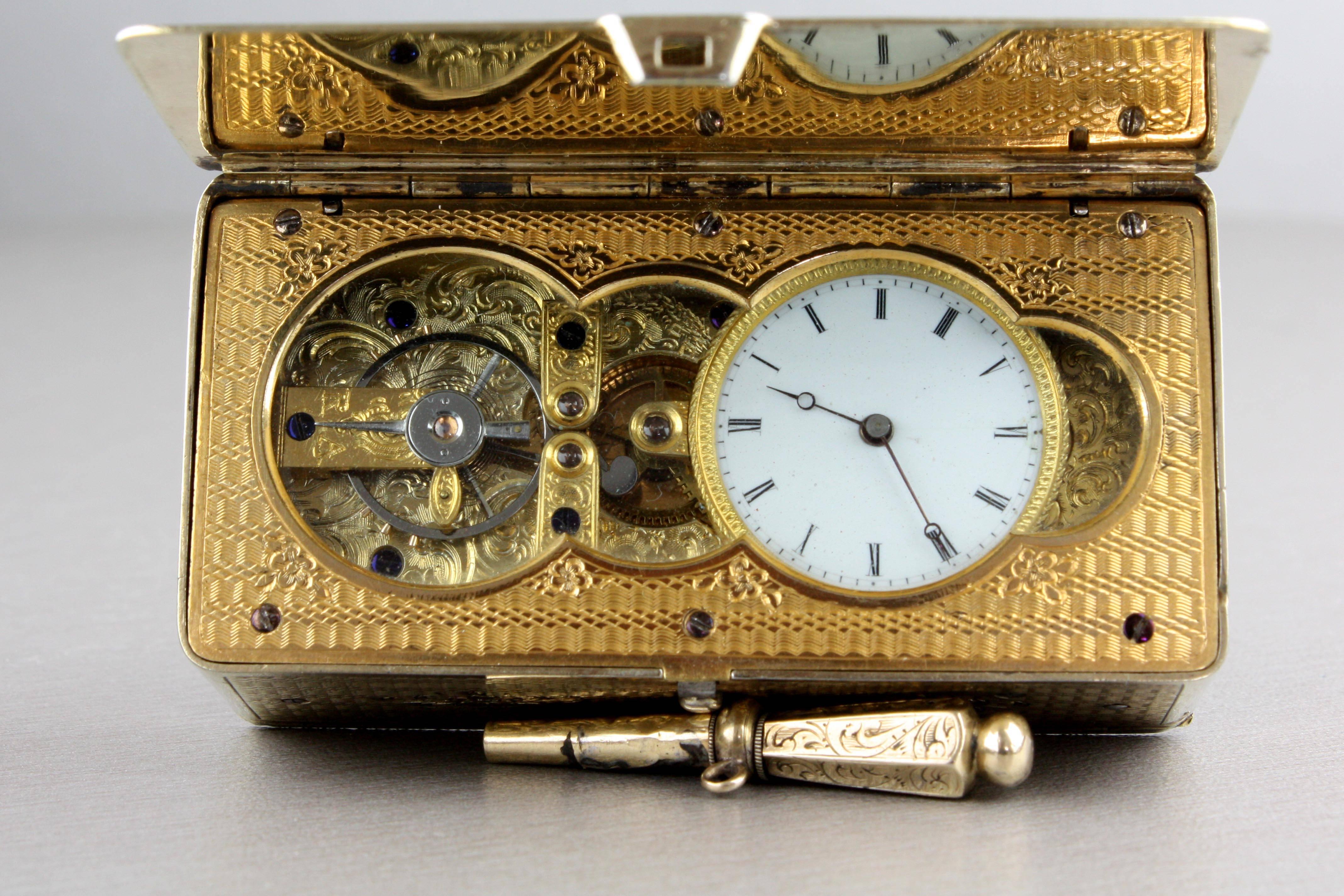 A fine antique silver-gilt skeleton-escapement timepiece snuffbox,
 
German, made by L. Krauth,
Presented to Revd. Mr. F. H. Faguy by Mme. L. B. P. Larue on 4th December 1901,
 

 
A clear view into the beauty of horological genius,
 
The