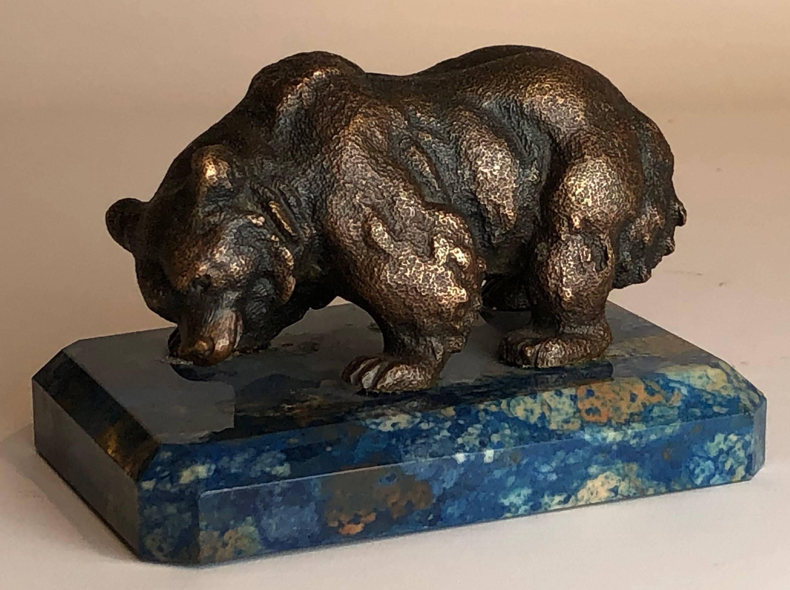 19th Century Russian Bronze Bear on Lapis Lazuli Base