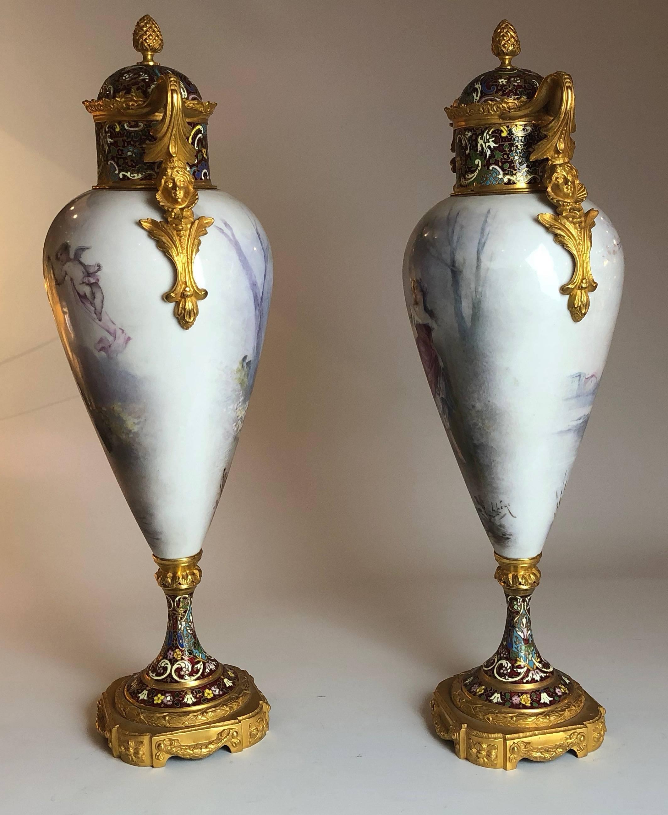 19th Century Antique Pair of Gilt Bronze-Mounted Sèvres Vase, French, circa 1870
