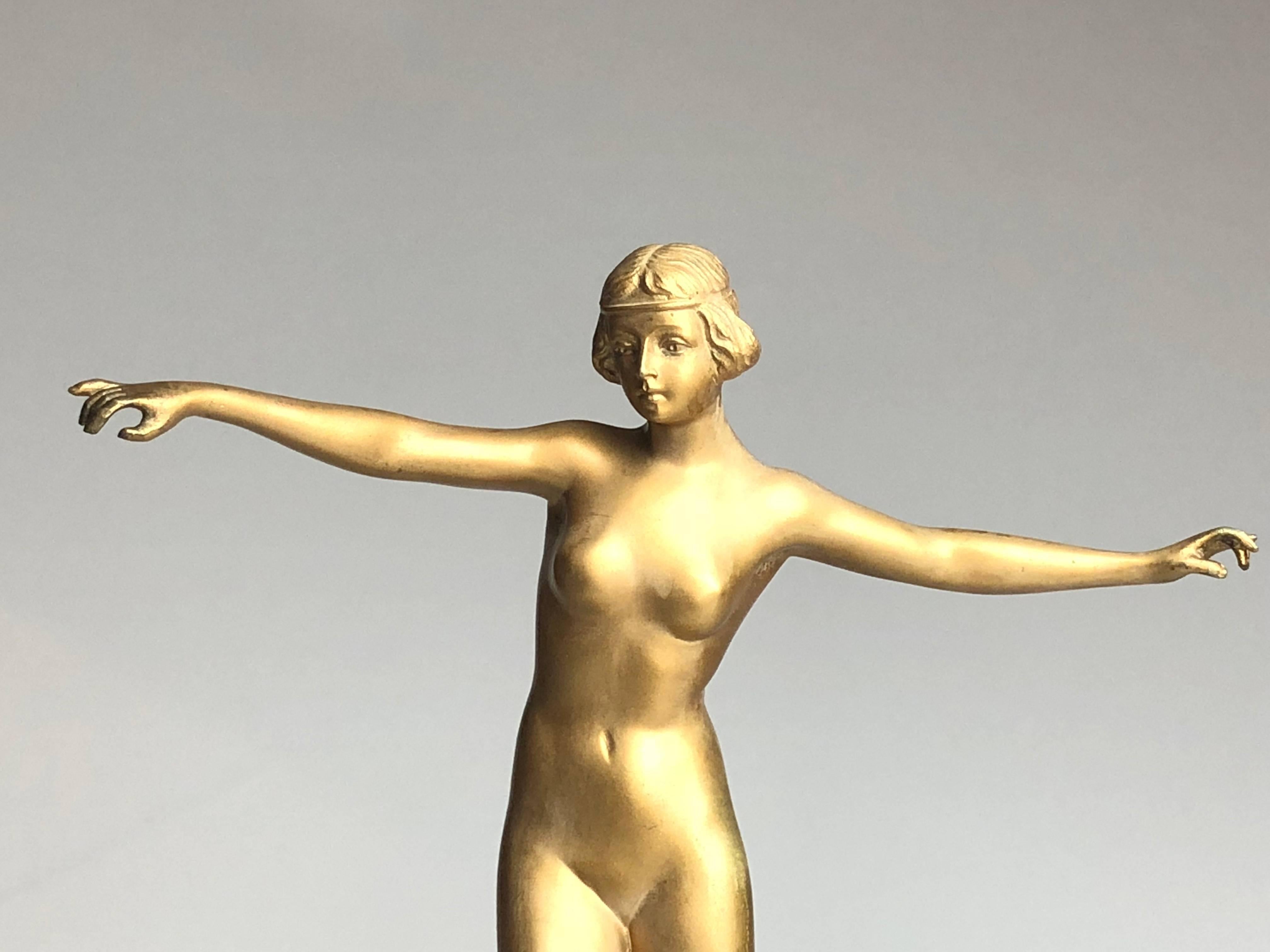 20th Century Early 20th Art Deco gilded bronze Sculpture of a Female Nude by Schmidt Hofer