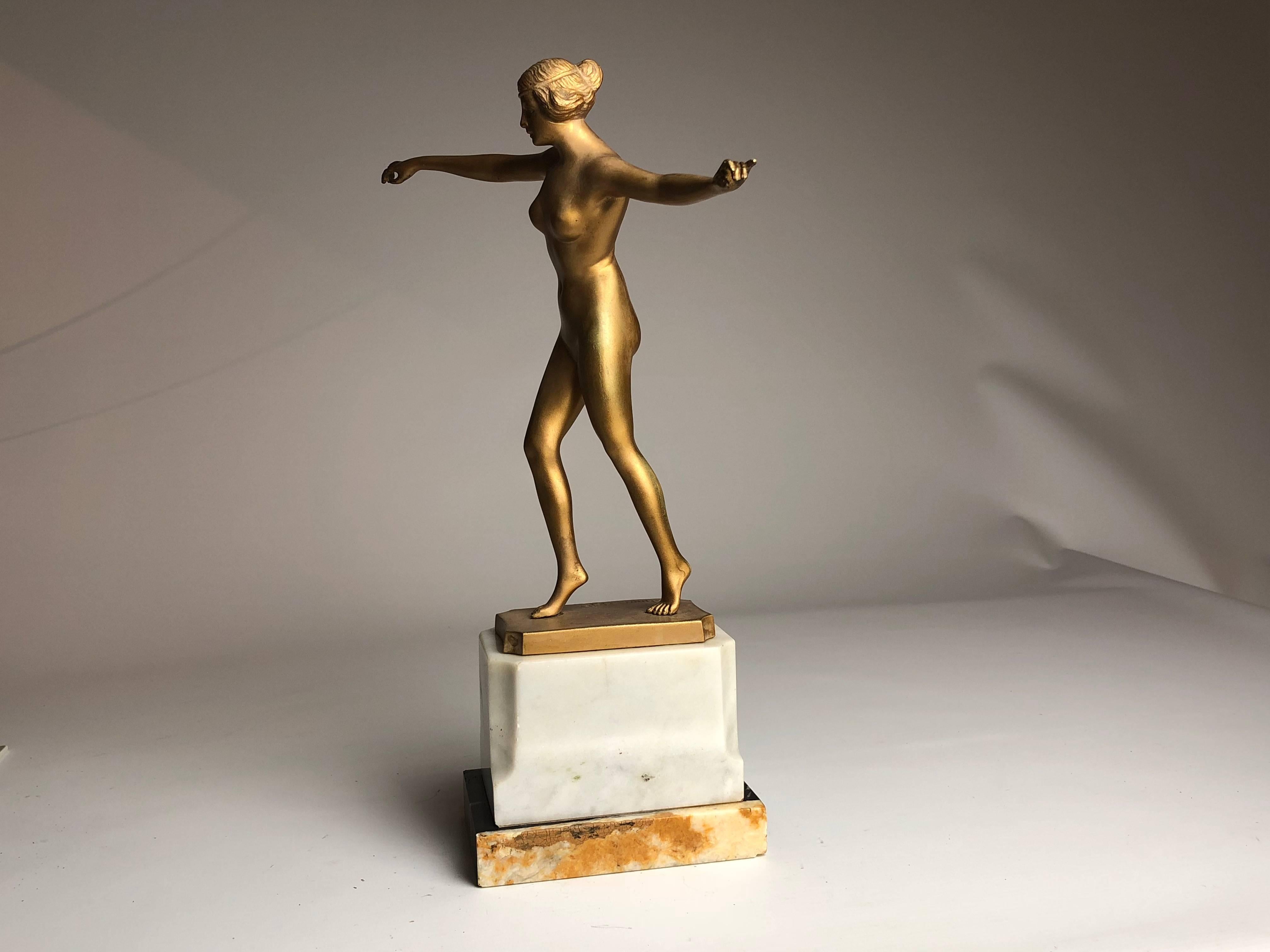 French Early 20th Art Deco gilded bronze Sculpture of a Female Nude by Schmidt Hofer