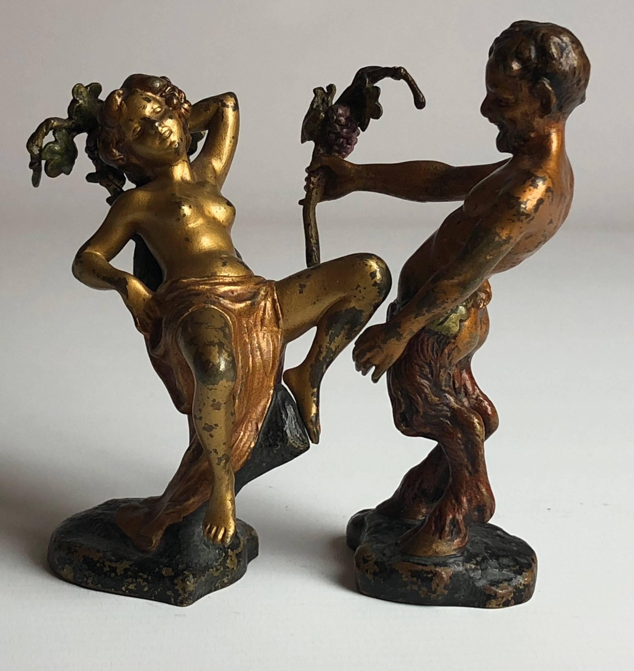 An amusing and very rare pair of erotic Vienna bronzes, the nymph and the satyr by Bergman.

Both numbered to the base. 
Cold painted bronze.
Austria

The pair stand just under 4