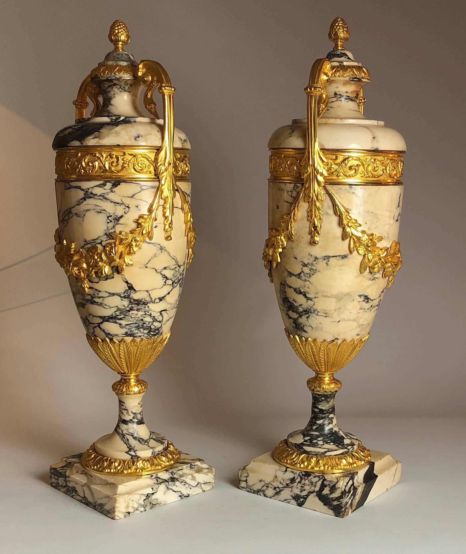 Empire Revival Antique Pair of Ormolu-Mounted Marble Urns, French, circa 1870