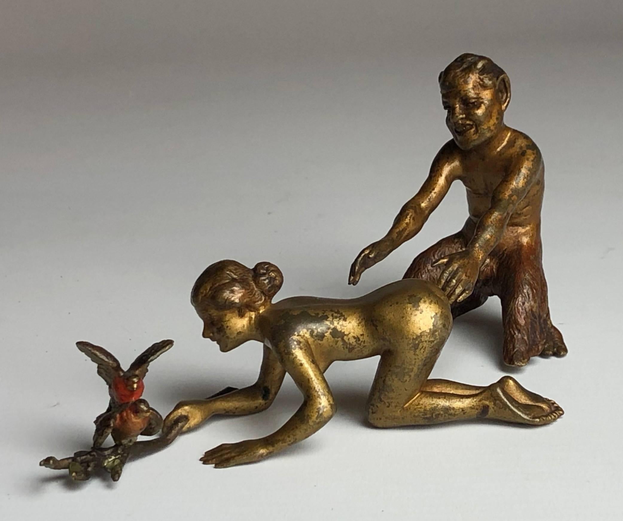An amusing pair of erotic Vienna bronzes, the nymph and the satyr by Bergman.

Both numbered to the base. 
Cold painted bronze.
Austria

The pair stand just under 7cm tall.