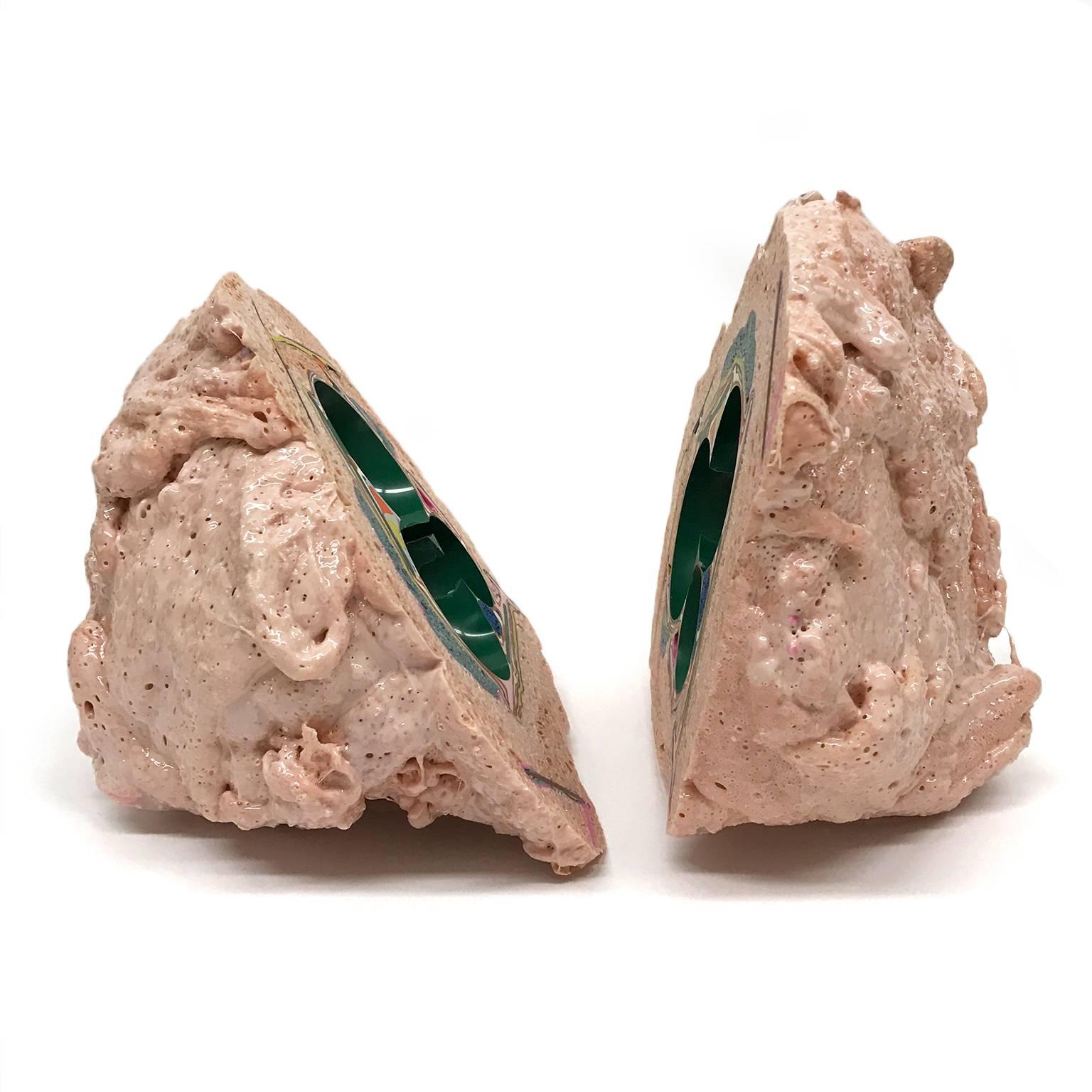 Organic Modern Unique Handmade Tabletop Geode Sculpture in Emerald Green and Blush Pink For Sale