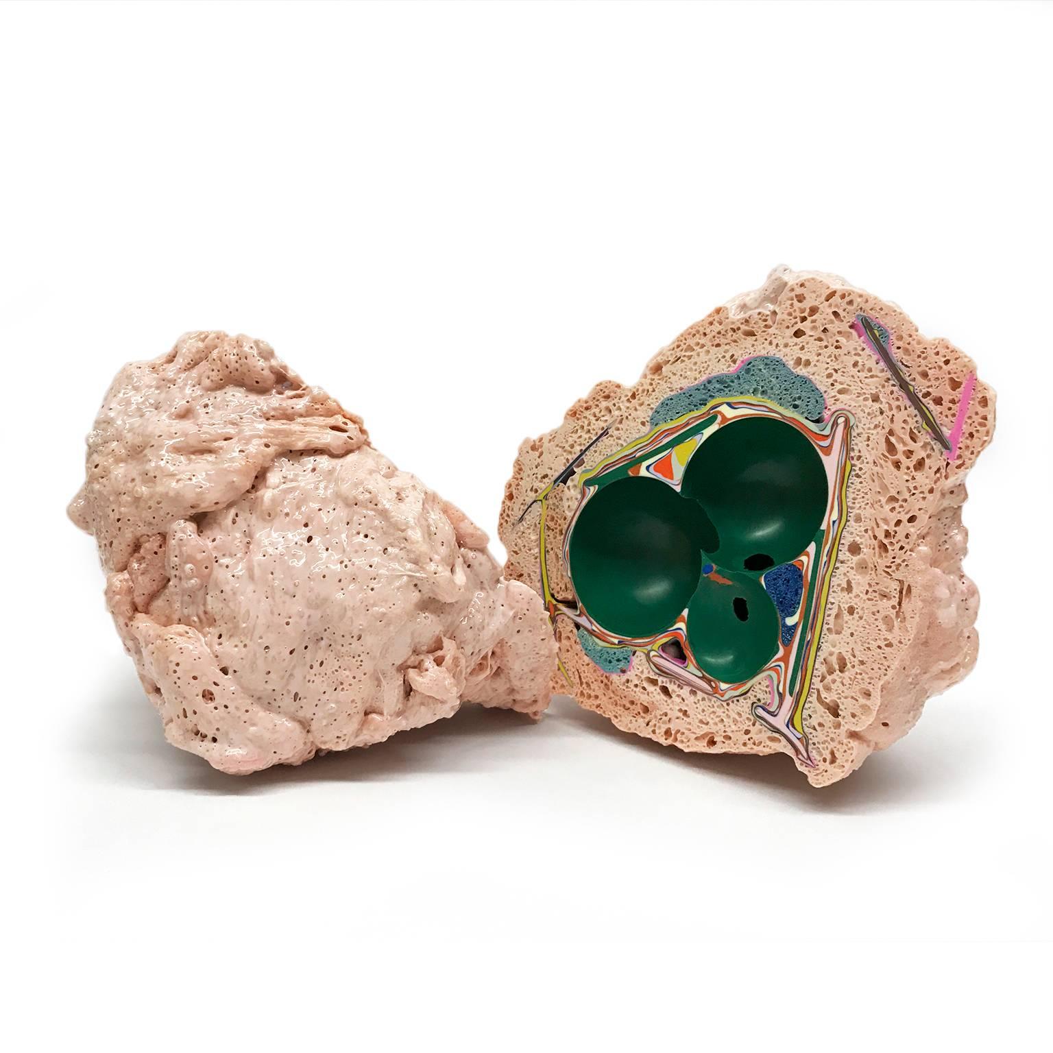 American Unique Handmade Tabletop Geode Sculpture in Emerald Green and Blush Pink For Sale