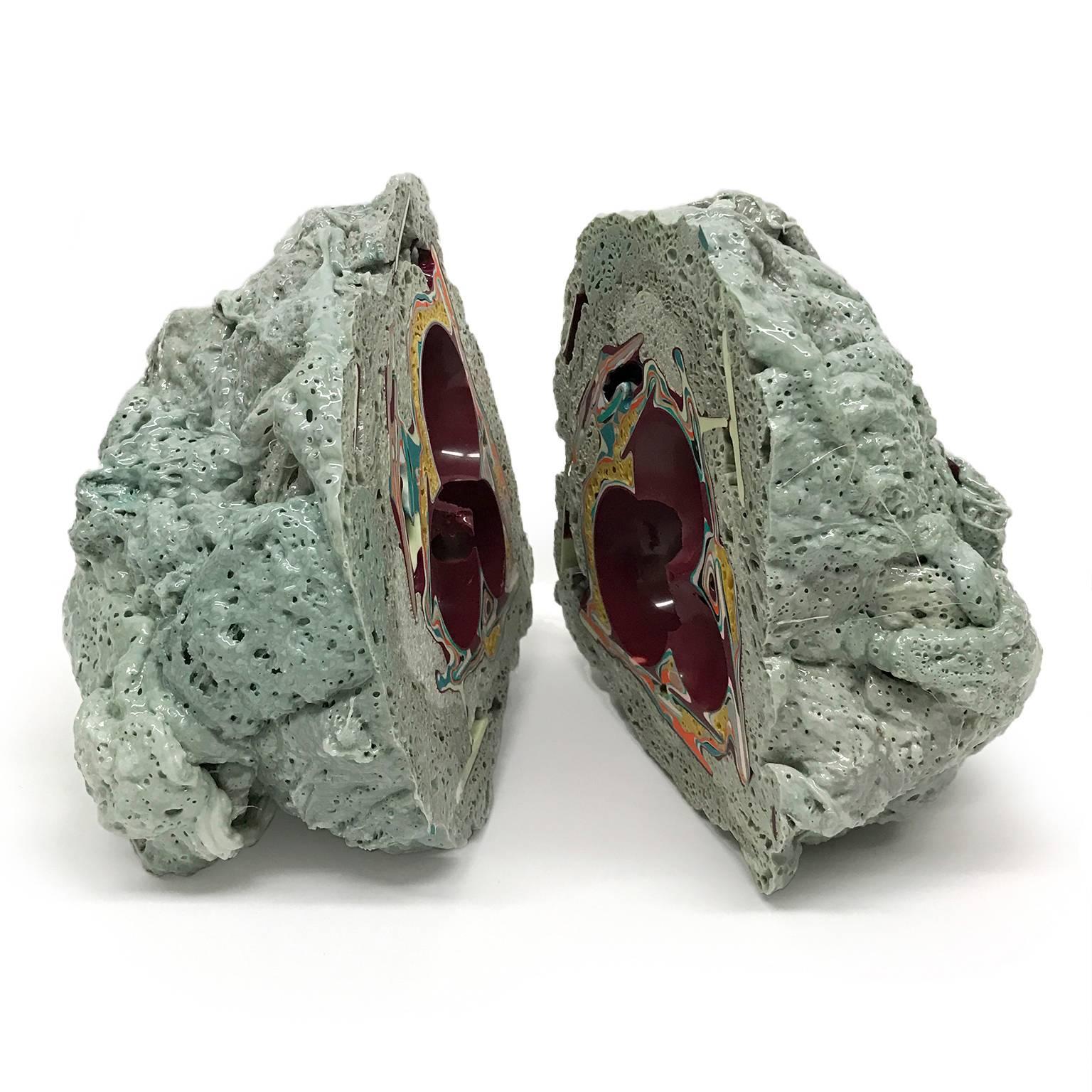 Contemporary Unique Handmade Geode Sculpture in Burgundy and Sage Green For Sale
