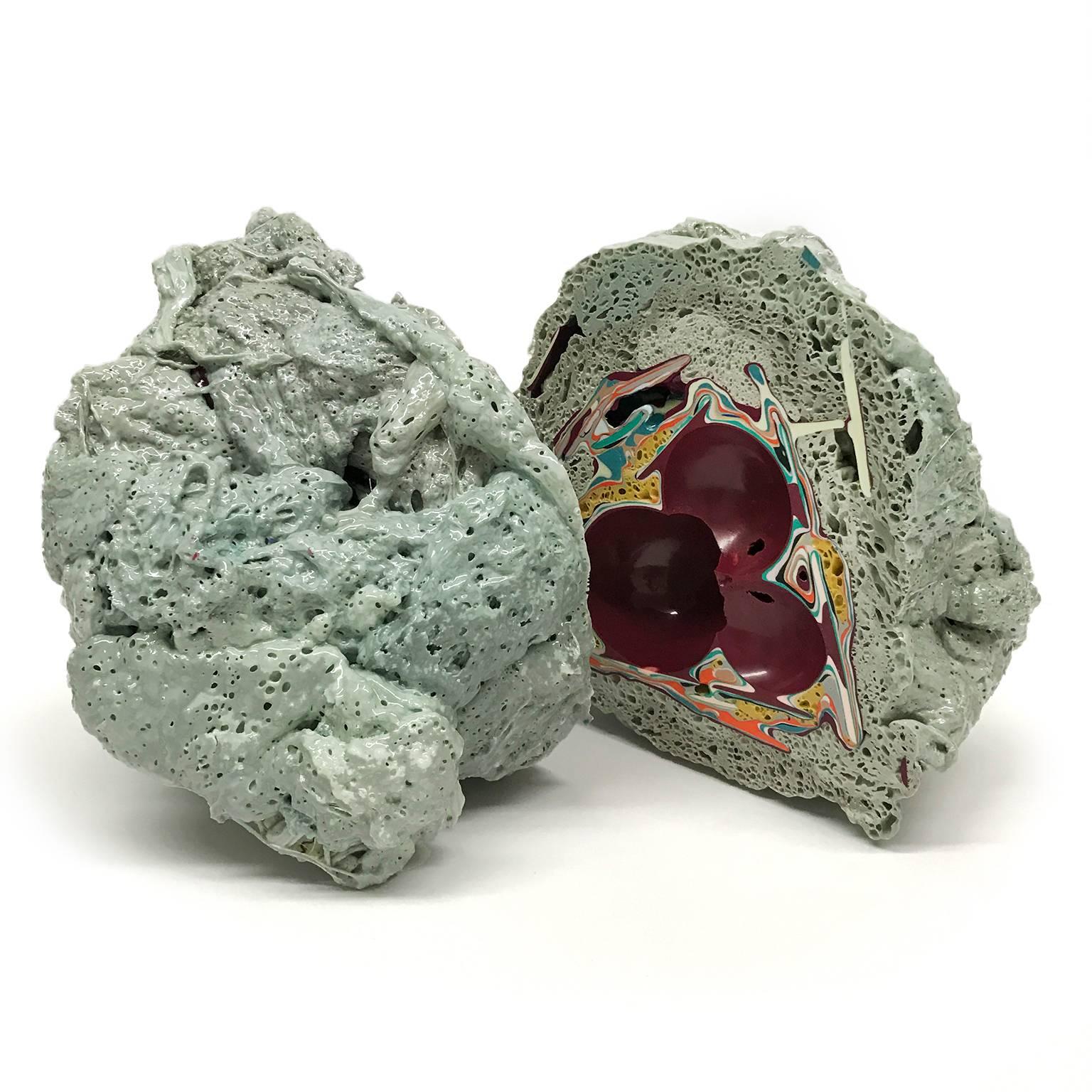 Resin Unique Handmade Geode Sculpture in Burgundy and Sage Green For Sale