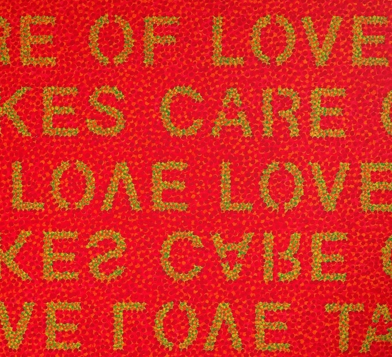 A vibrant original acrylic on canvas “Text Painting” by David Holland, one of his earlier pieces, circa 2001. Drawing on the conceptual influences of such artists as Marcel Duchamp using text and word play. The painted dots house the text and in