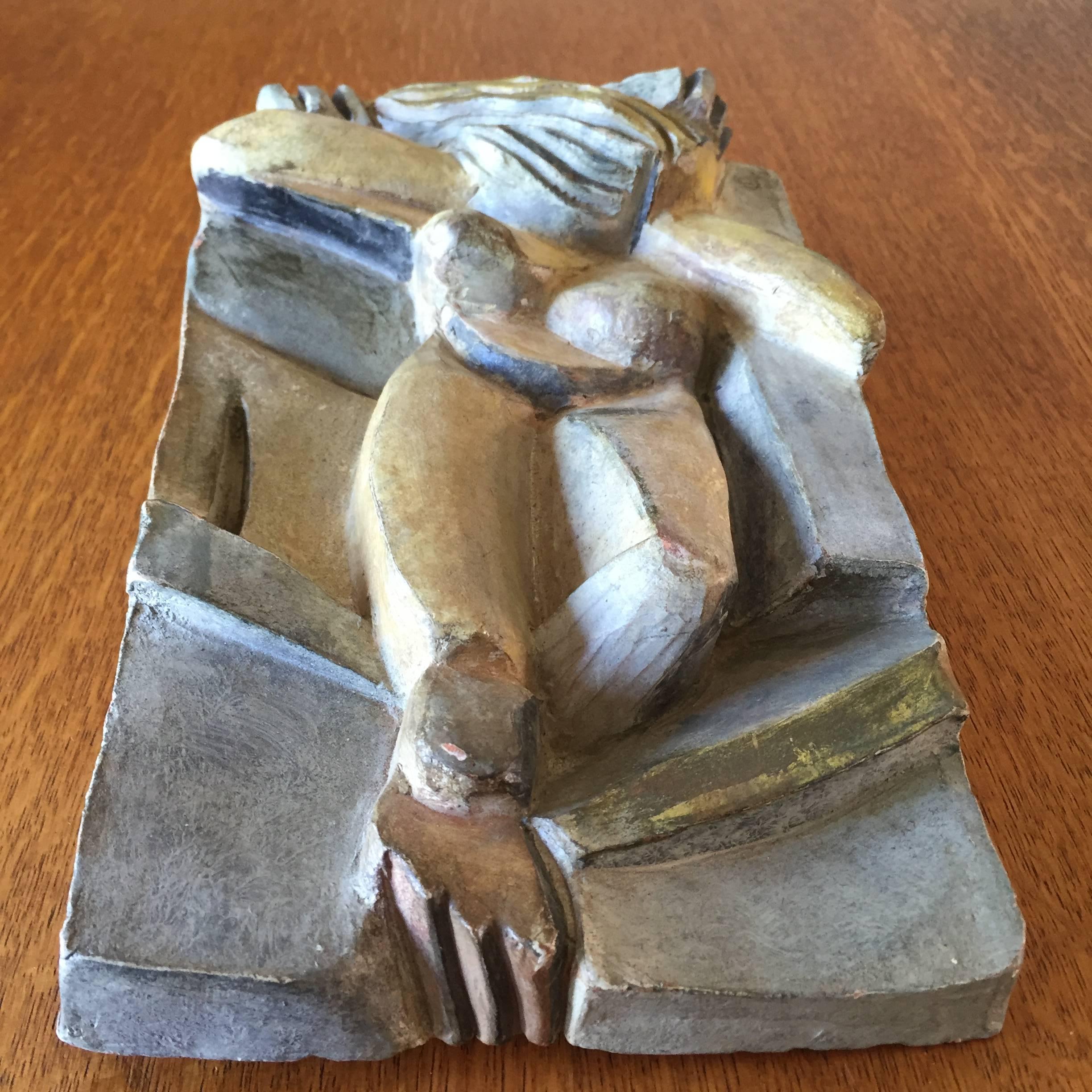 Machine Age Cubist Handmade and Hand-Painted Terracotta Relief in the Manner of Braque For Sale