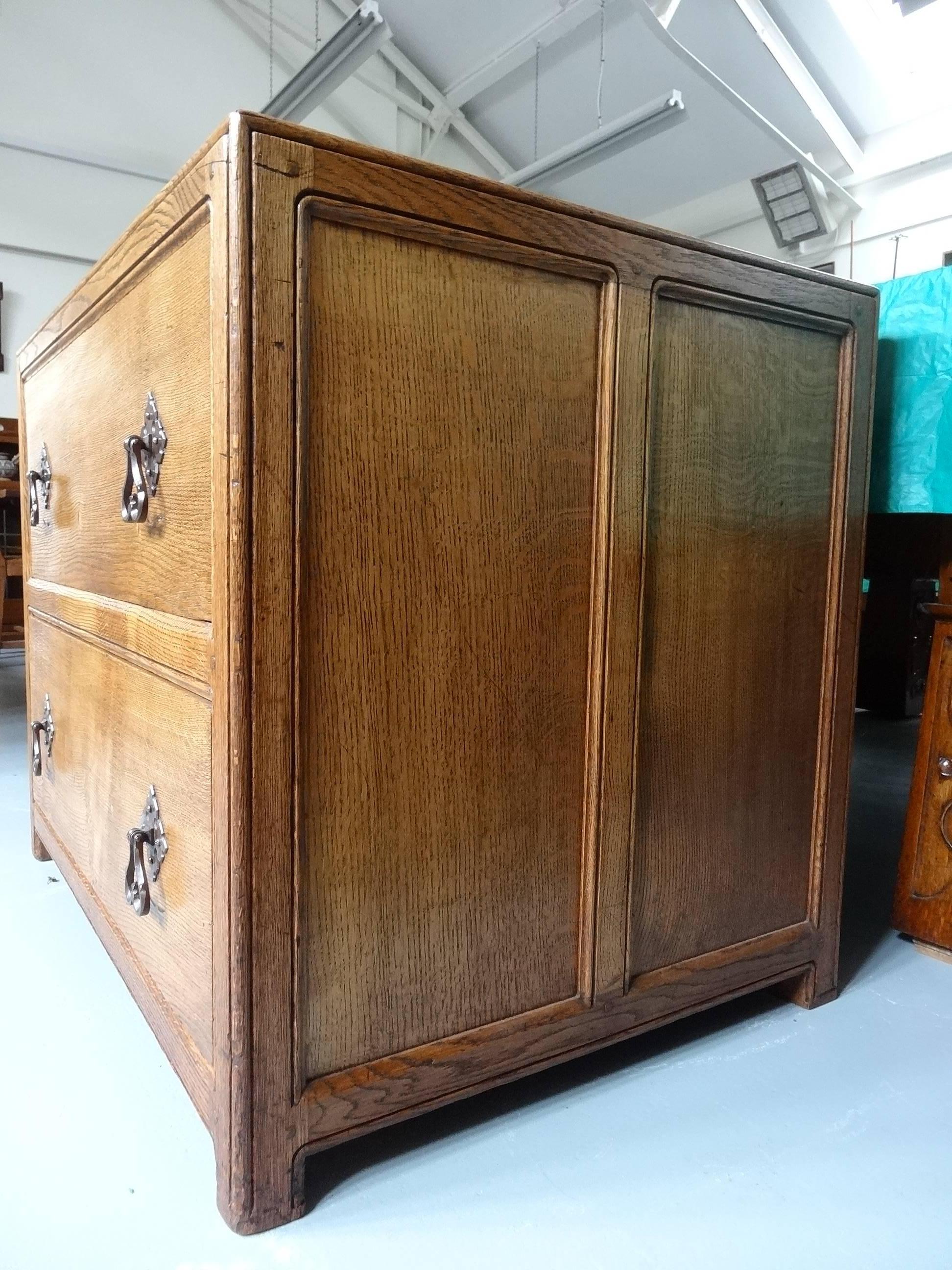 Carved Liberty and Co Arts and Crafts gothic style large oak chest, London circa 1924 For Sale