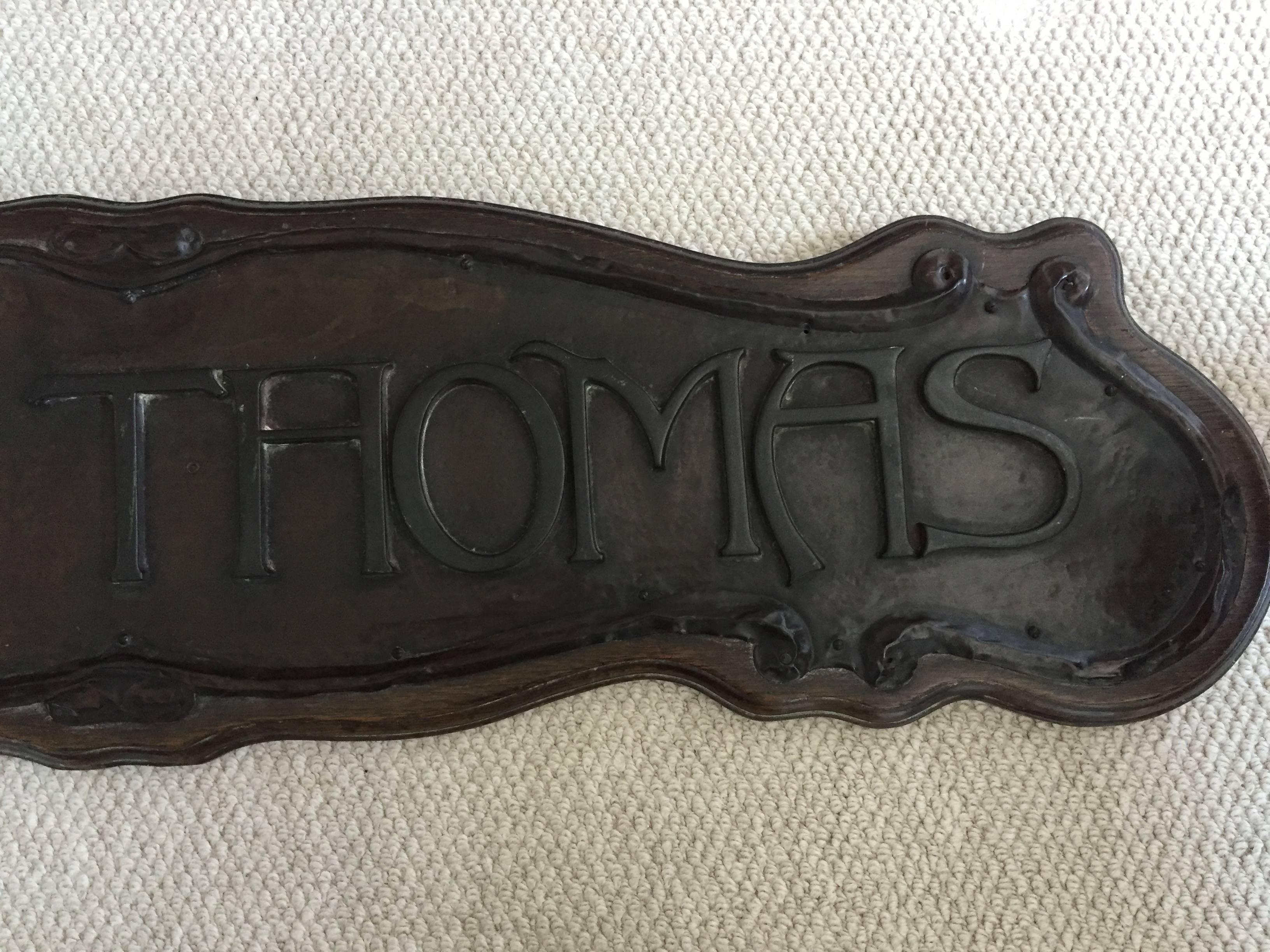 Arts and Crafts Large English Arts & Crafts Shop Sign Panel Patinated Brass, Copper and Oak For Sale