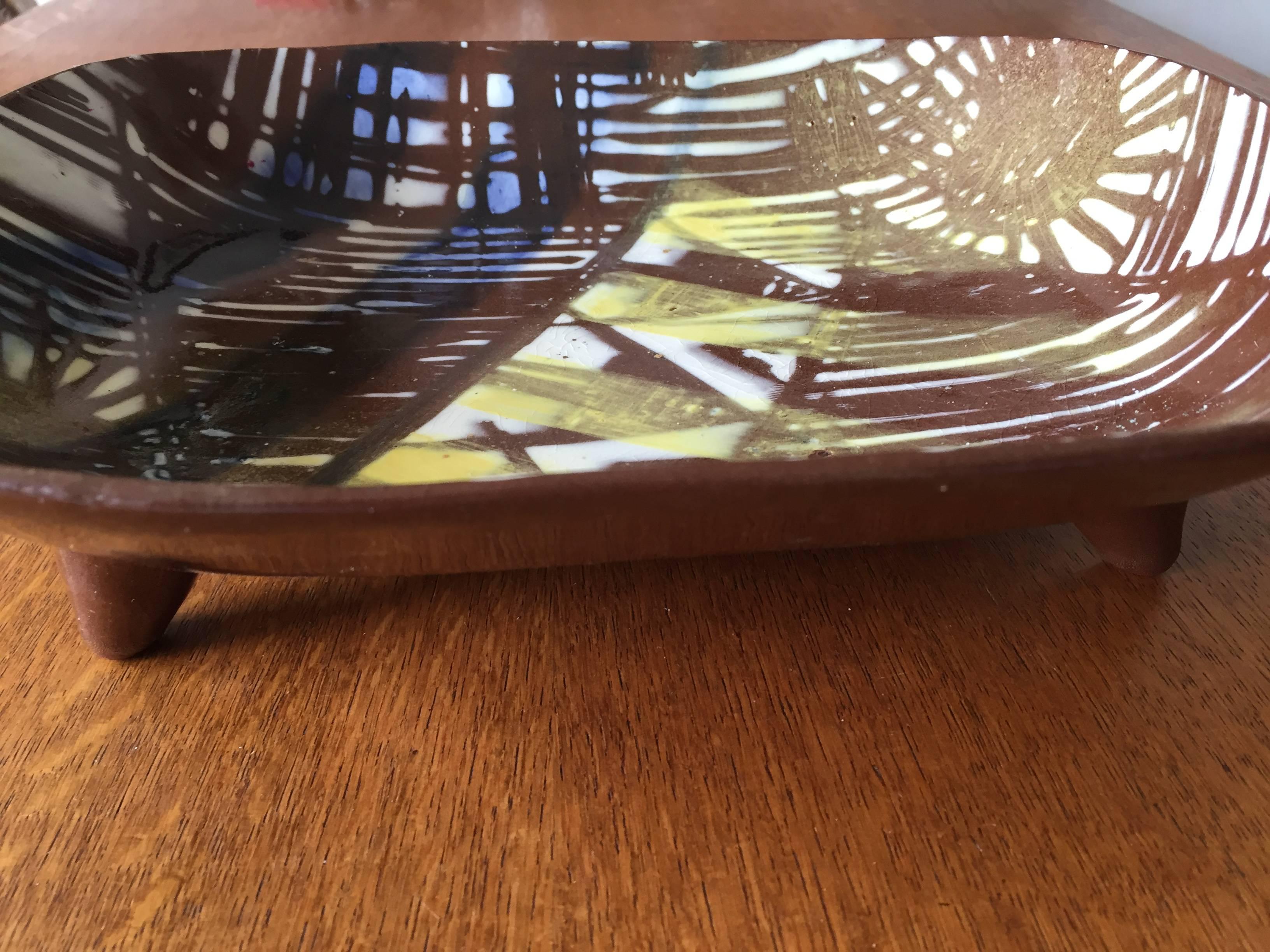 Glazed Mid-Century Modern Atomic Ceramic Dish Signed and Dated 1956 Frederick Harrop For Sale