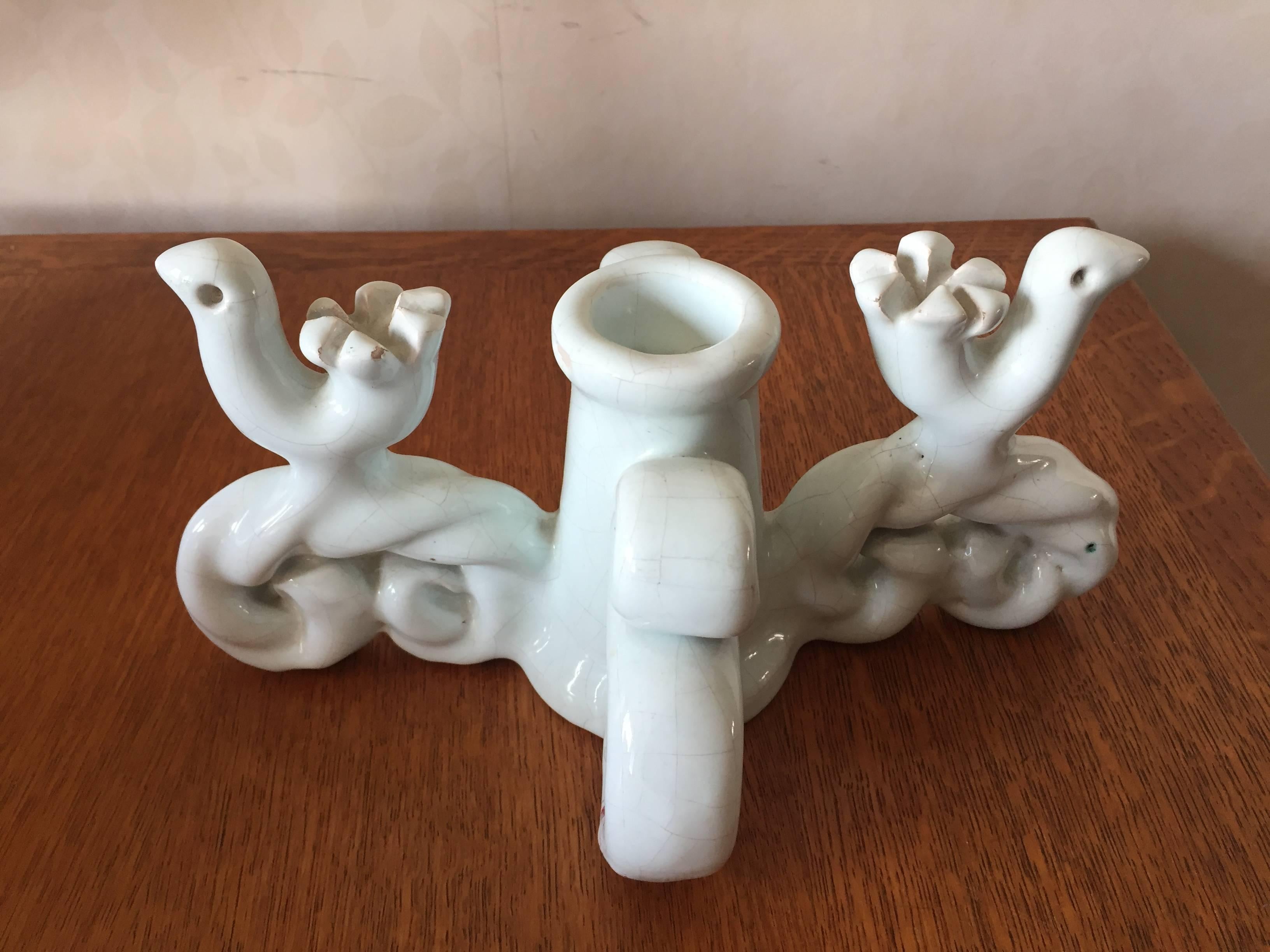 Handbuilt white tin glazed pottery lampbase or candlestick designed and made by Roger Capron Vallauris, France, circa 1948. The style and construction suggest a date just after Capron wound up the Callis collective (1946-8) with Jean Derval and