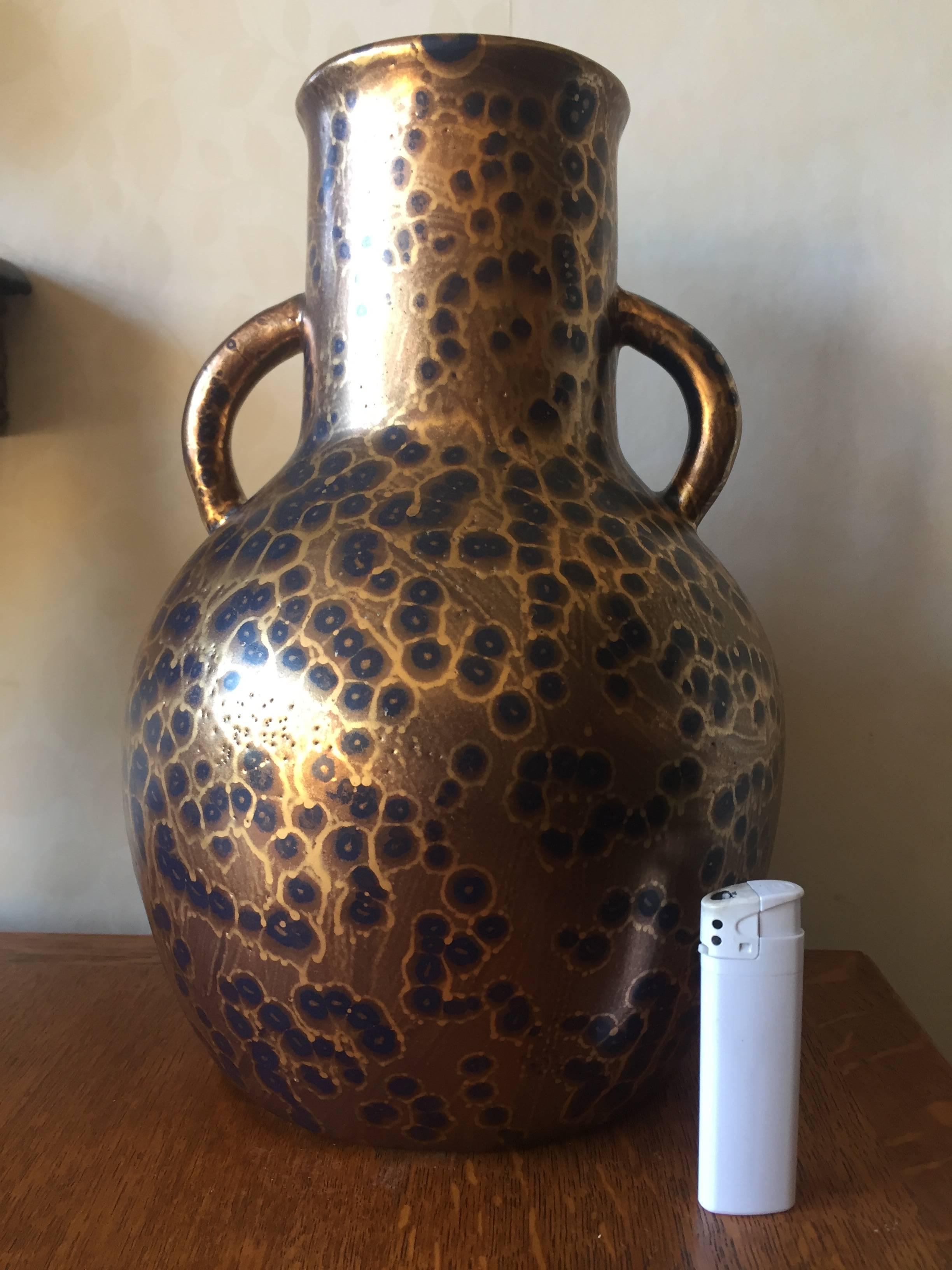 Exceptional Leon Pointu Large Art Deco Stoneware Vase with Spatter Gold Glaze In Excellent Condition For Sale In London, GB