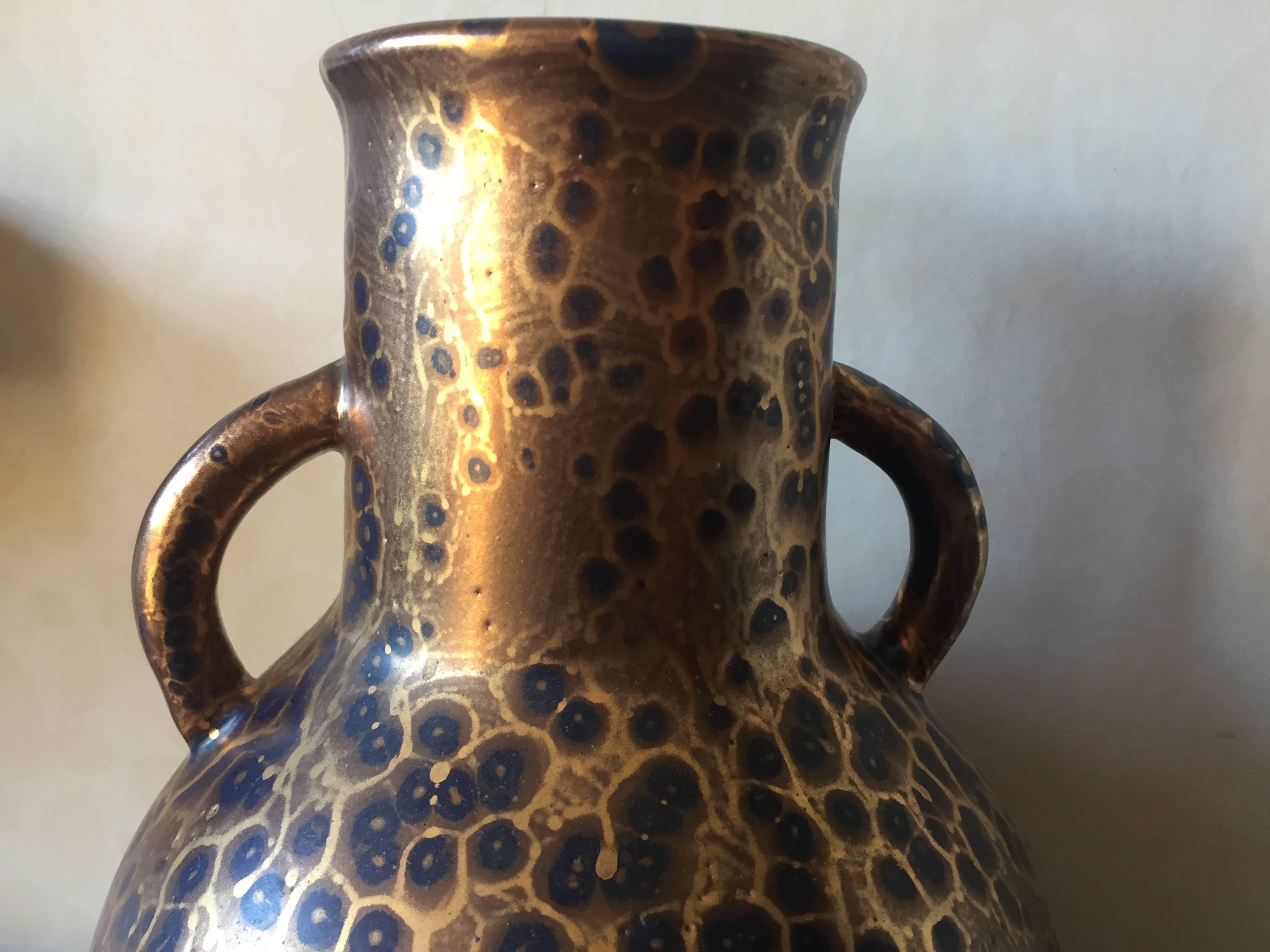 French Exceptional Leon Pointu Large Art Deco Stoneware Vase with Spatter Gold Glaze For Sale