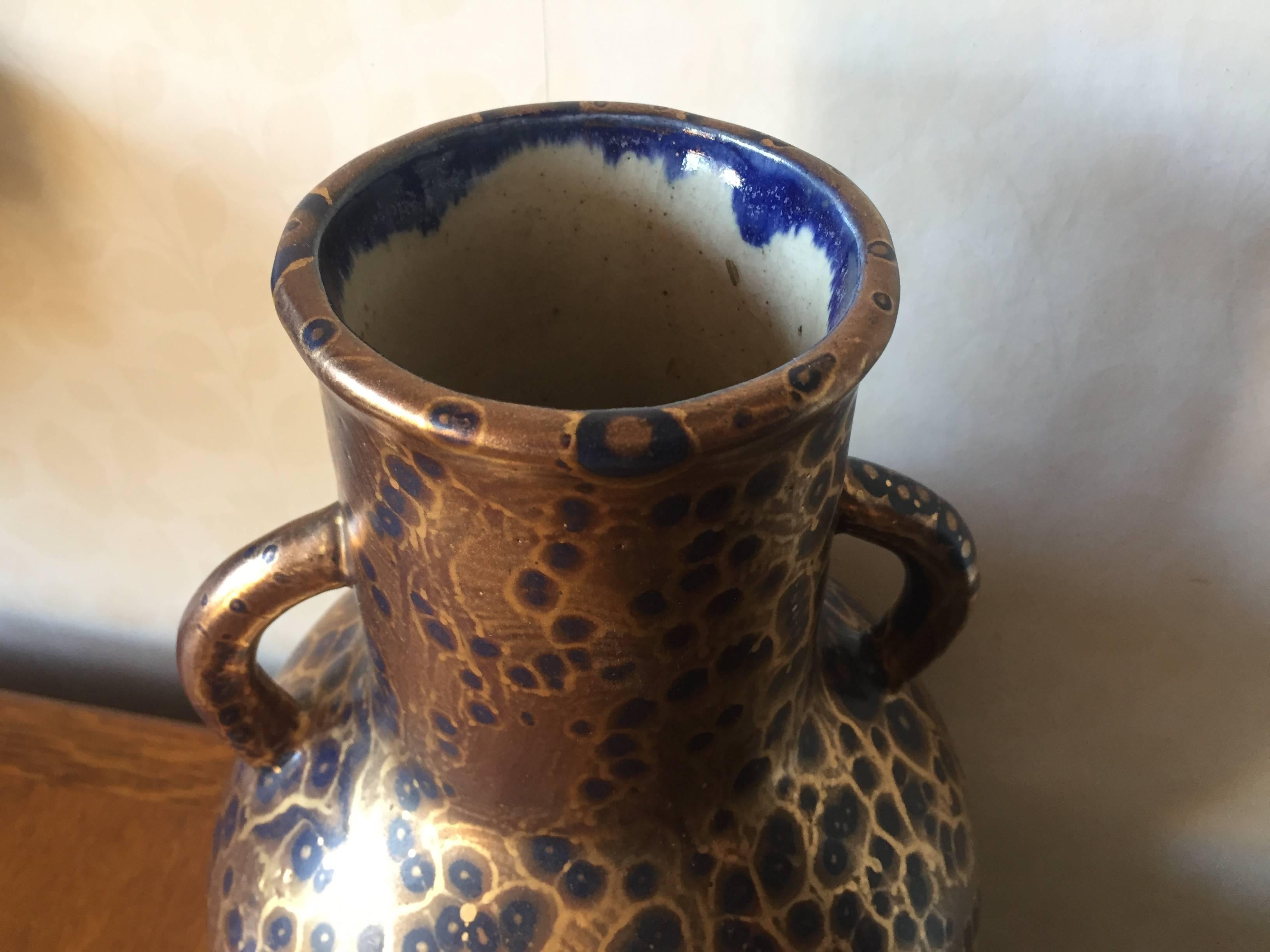 Glazed Exceptional Leon Pointu Large Art Deco Stoneware Vase with Spatter Gold Glaze For Sale