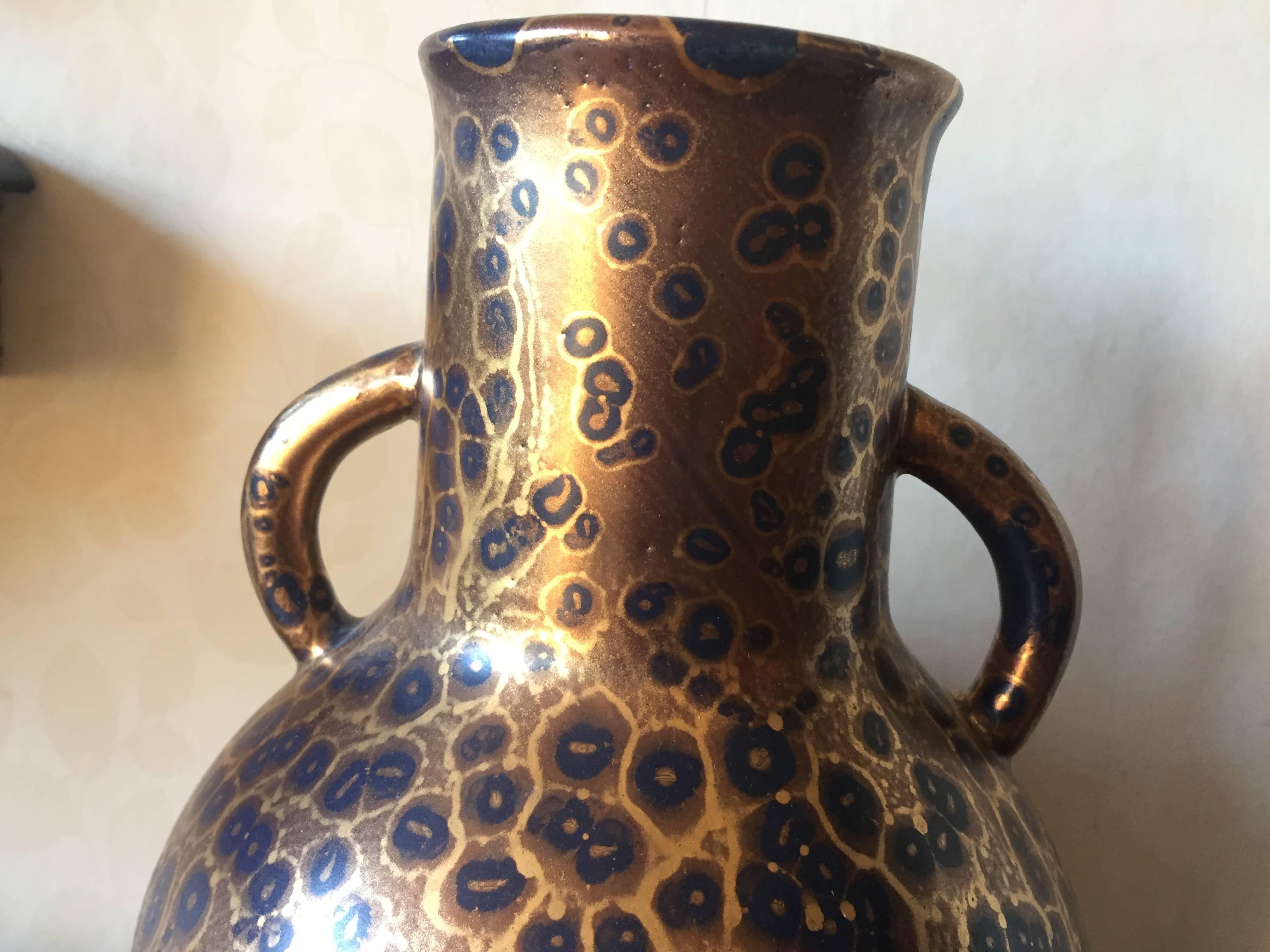 Exceptional Leon Pointu Large Art Deco Stoneware Vase with Spatter Gold Glaze For Sale 1