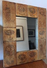 French Mid-Century Pressed Tile Mirror with Primitive Designs Vallauris