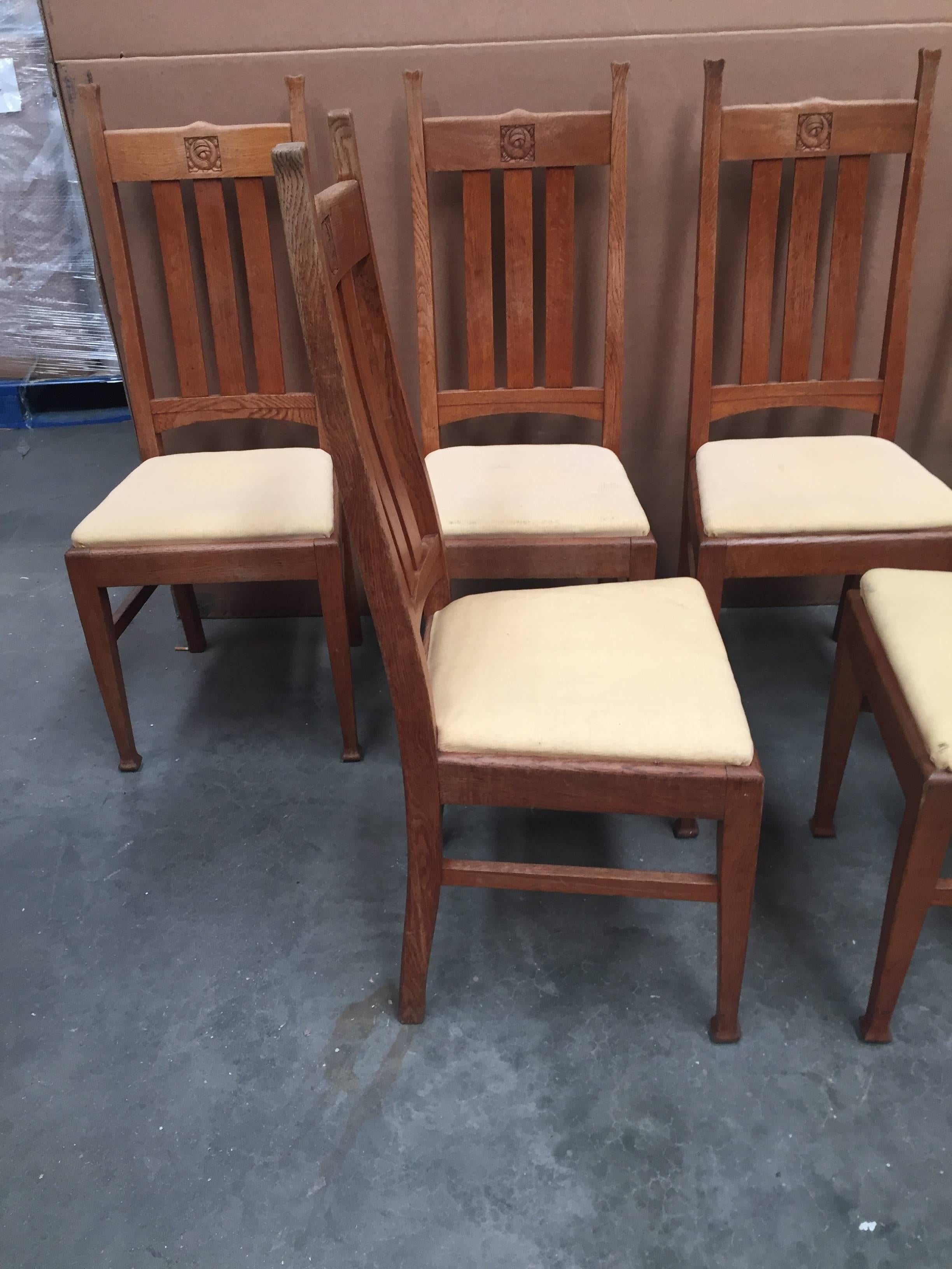 Arts and Crafts Set of Six Oak E A Taylor Glasgow School Chairs by Wylie & Lochhead, circa 1905 For Sale