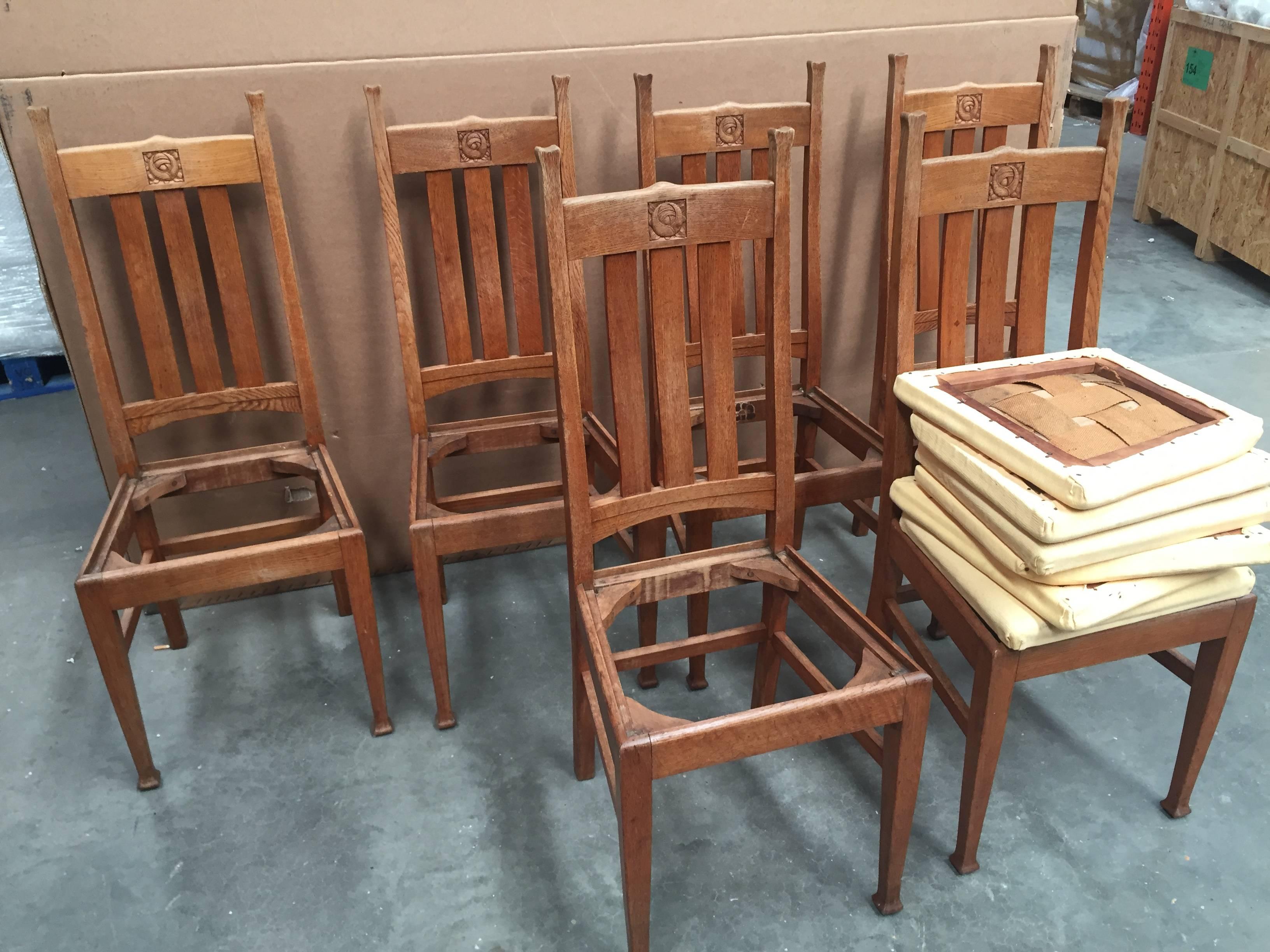 20th Century Set of Six Oak E A Taylor Glasgow School Chairs by Wylie & Lochhead, circa 1905 For Sale
