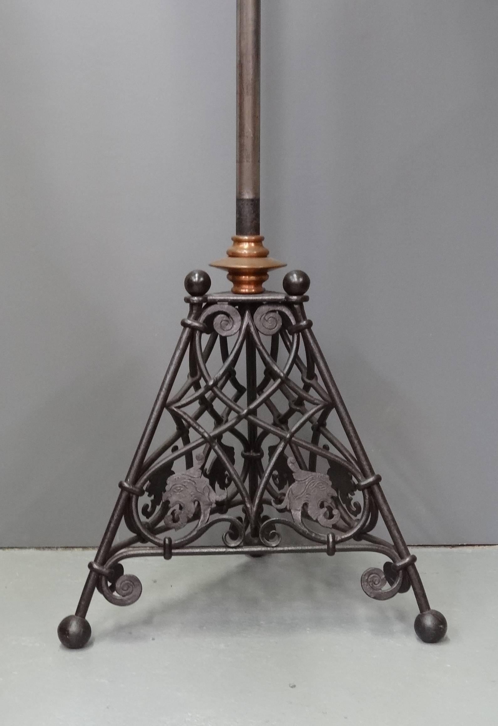 Arts and Crafts CFA Voysey Rare Arts & Crafts Iron Steel and Copper Extendable Standard Lamp For Sale