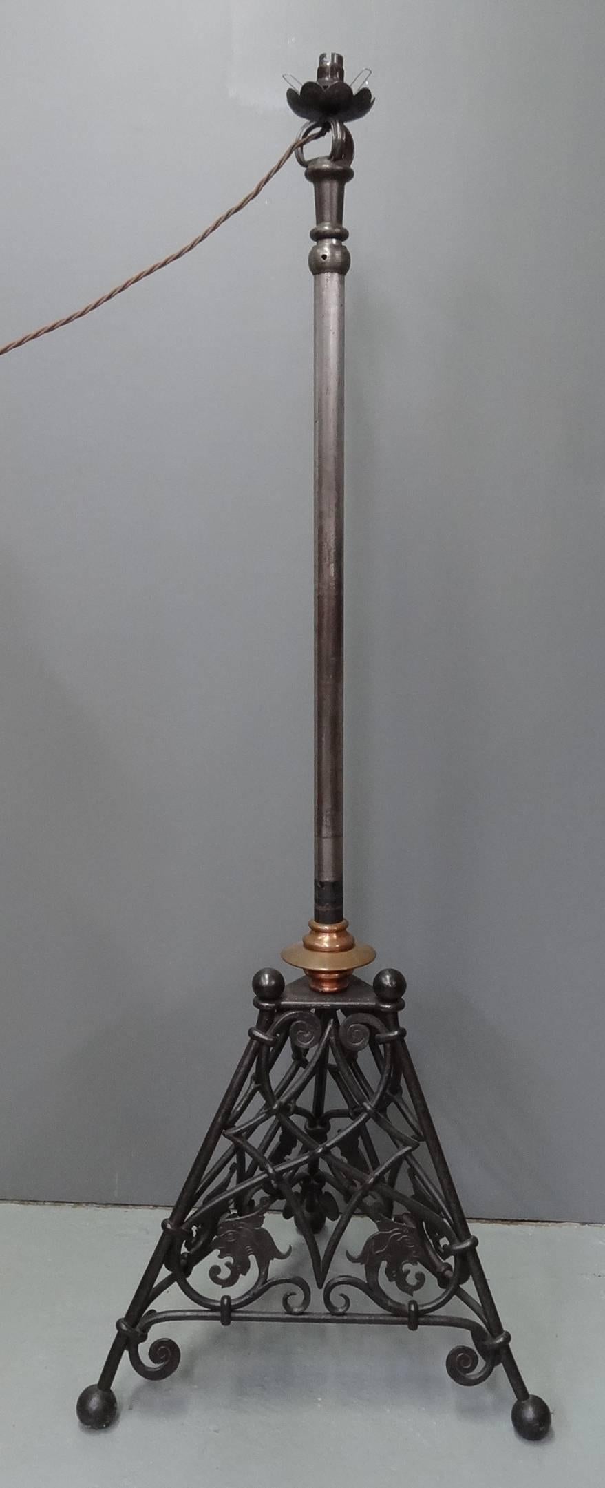CFA Voysey Rare Arts & Crafts Iron Steel and Copper Extendable Standard Lamp For Sale 1