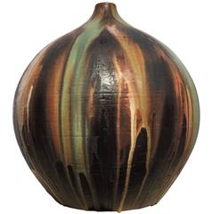 Large Art Pottery Floor Lamp Stand, Green Brown Caramel Glaze, Germany, 1960s