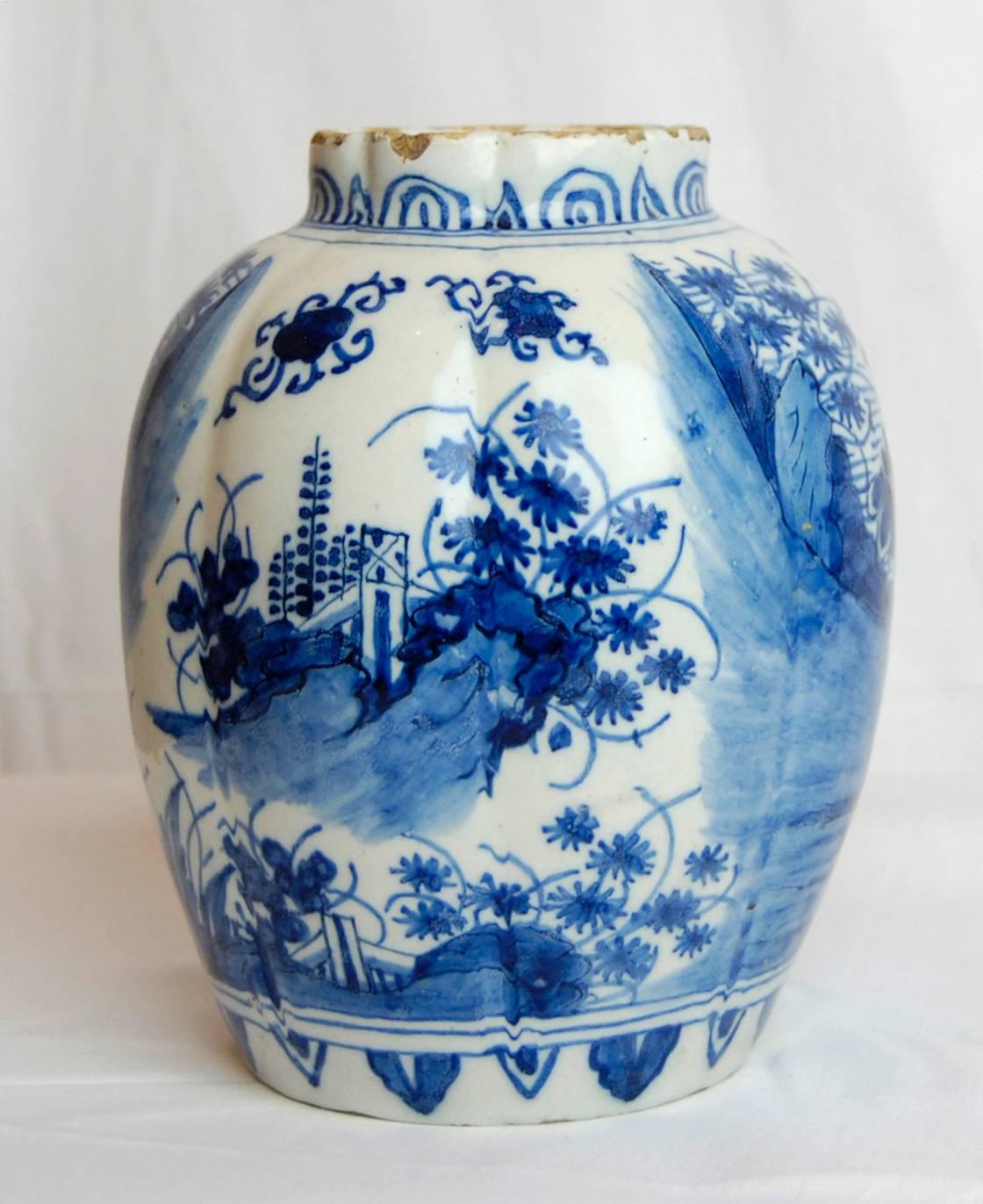 Hand-Painted 18th Century Dutch Delft Porcelain Vase Blue and White Chinoiserie Painting