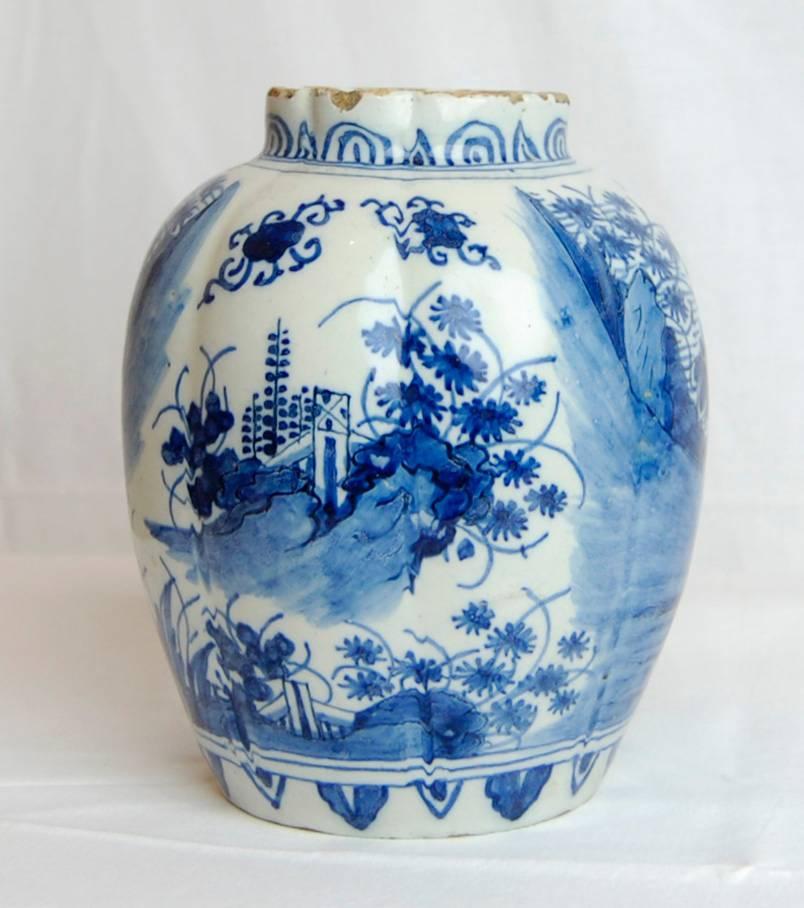 18th Century Dutch Delft Porcelain Vase Blue and White Chinoiserie Painting 1