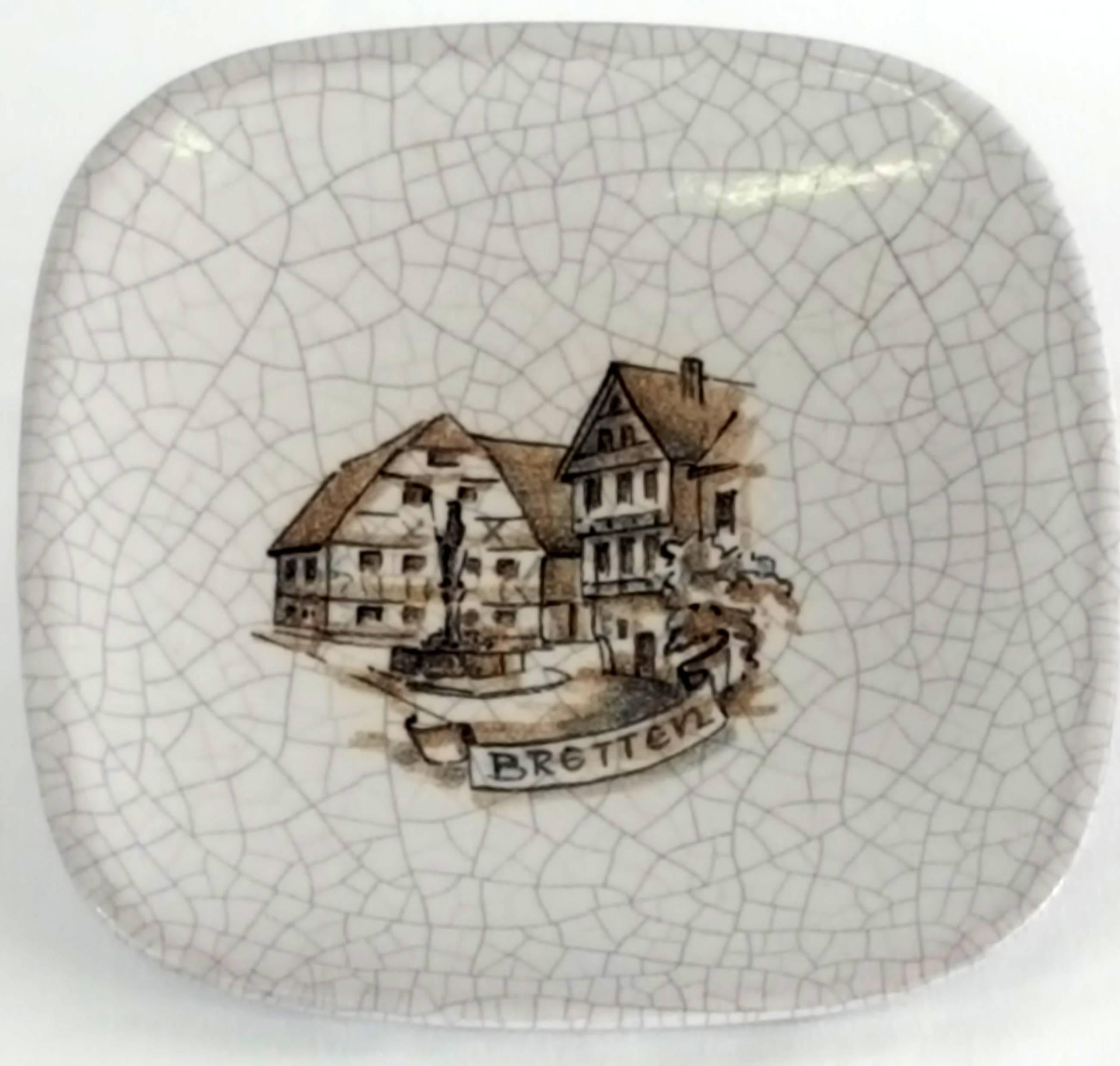 German Karlsruhe Majolica Small Bowl or Ashtray Grey Crackled Glaze City Bretten Sketch For Sale
