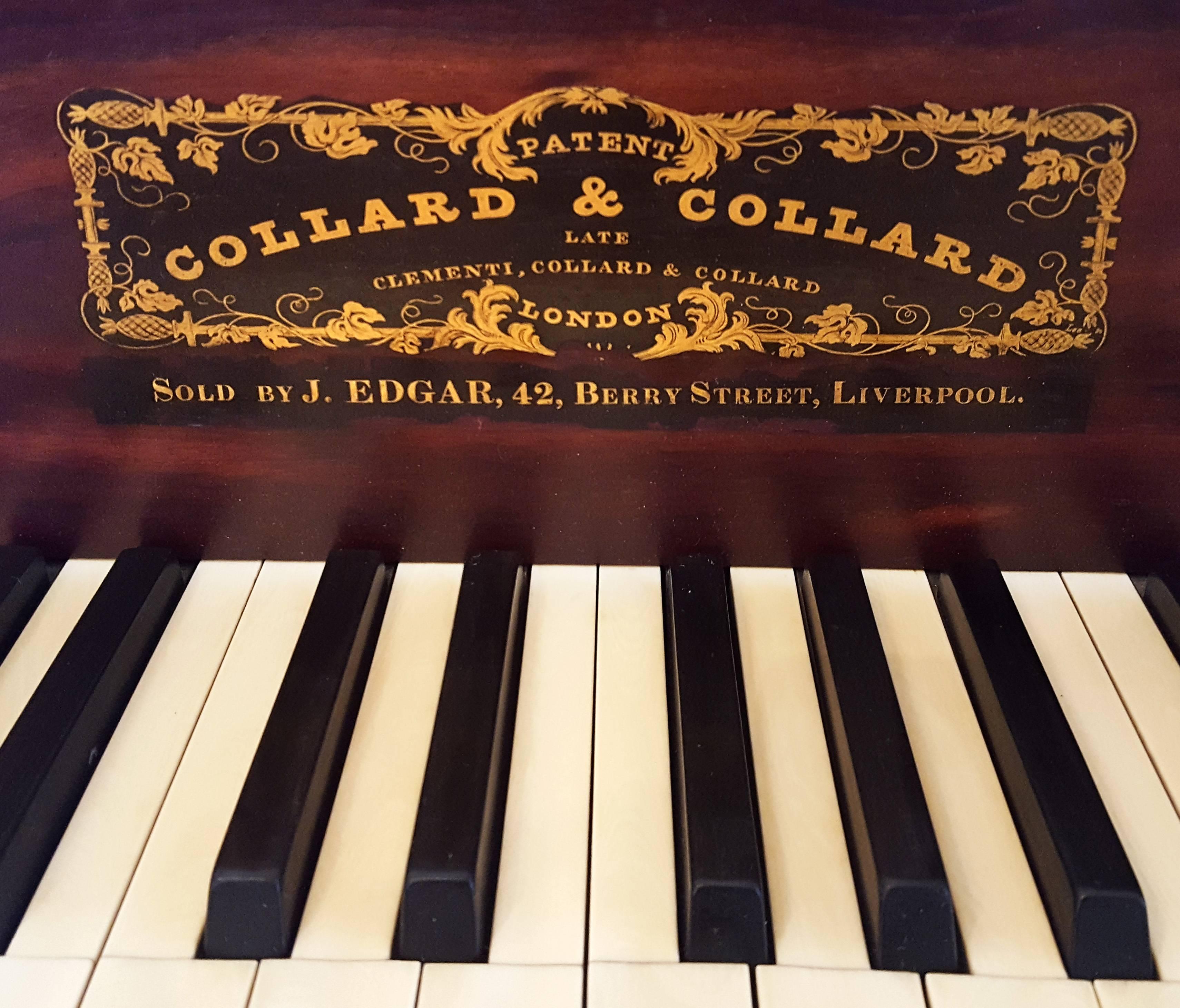 Collard & Collard square piano, serial number 2696, circa 1832.
This early square has its original substance preserved. The dark mahogany case has been cleaned and given a satin finish. The piano has been restrung using copper and iron-steel