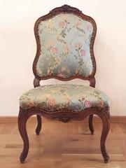 Fine Pair French Carved Walnut Rococo Chairs, Nogaret, silk brocade lampas