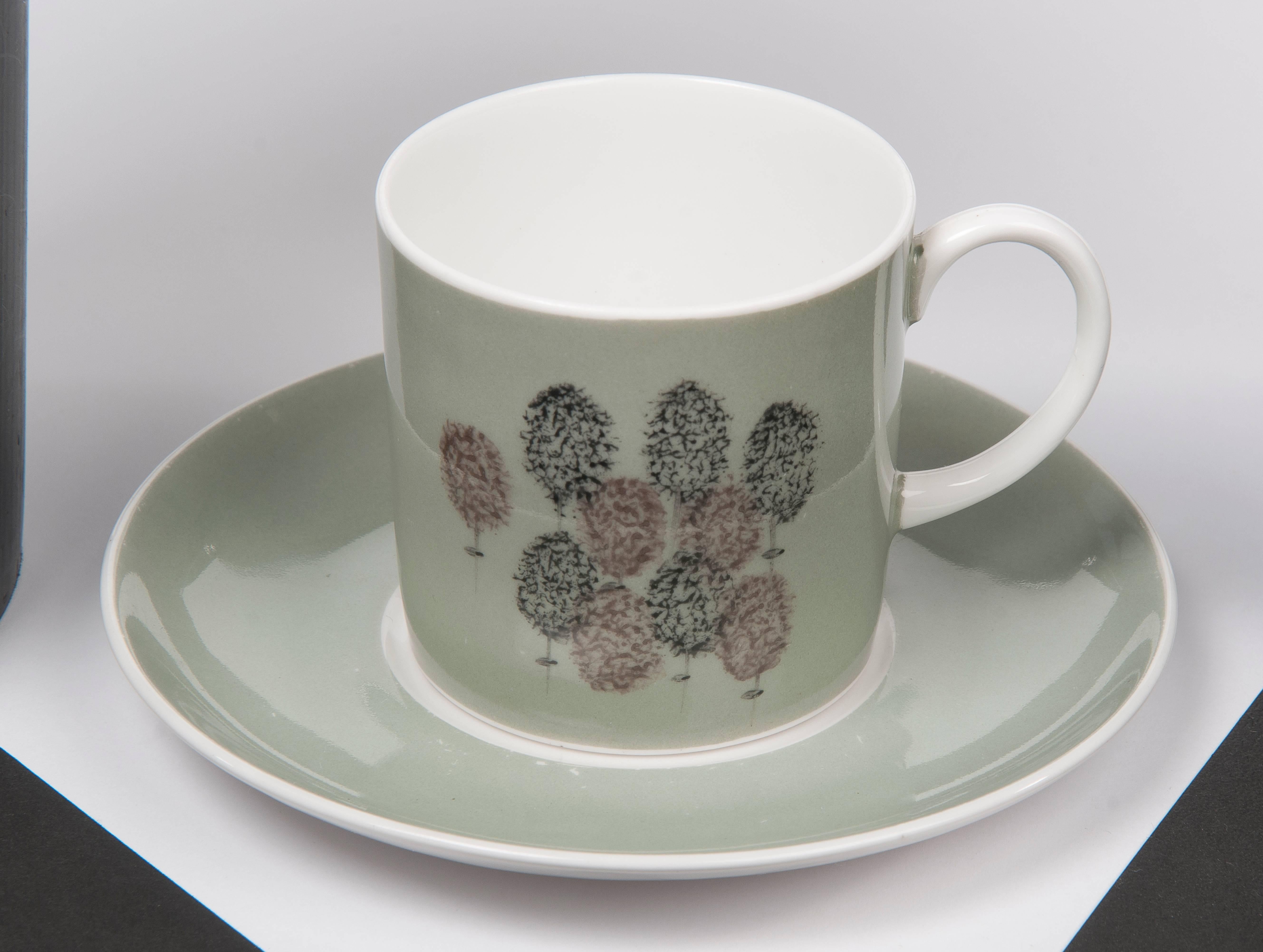 Glazed 1950s Multi-Color Coffee Service by Susie Cooper, Six Cups, Bone China Porcelain For Sale