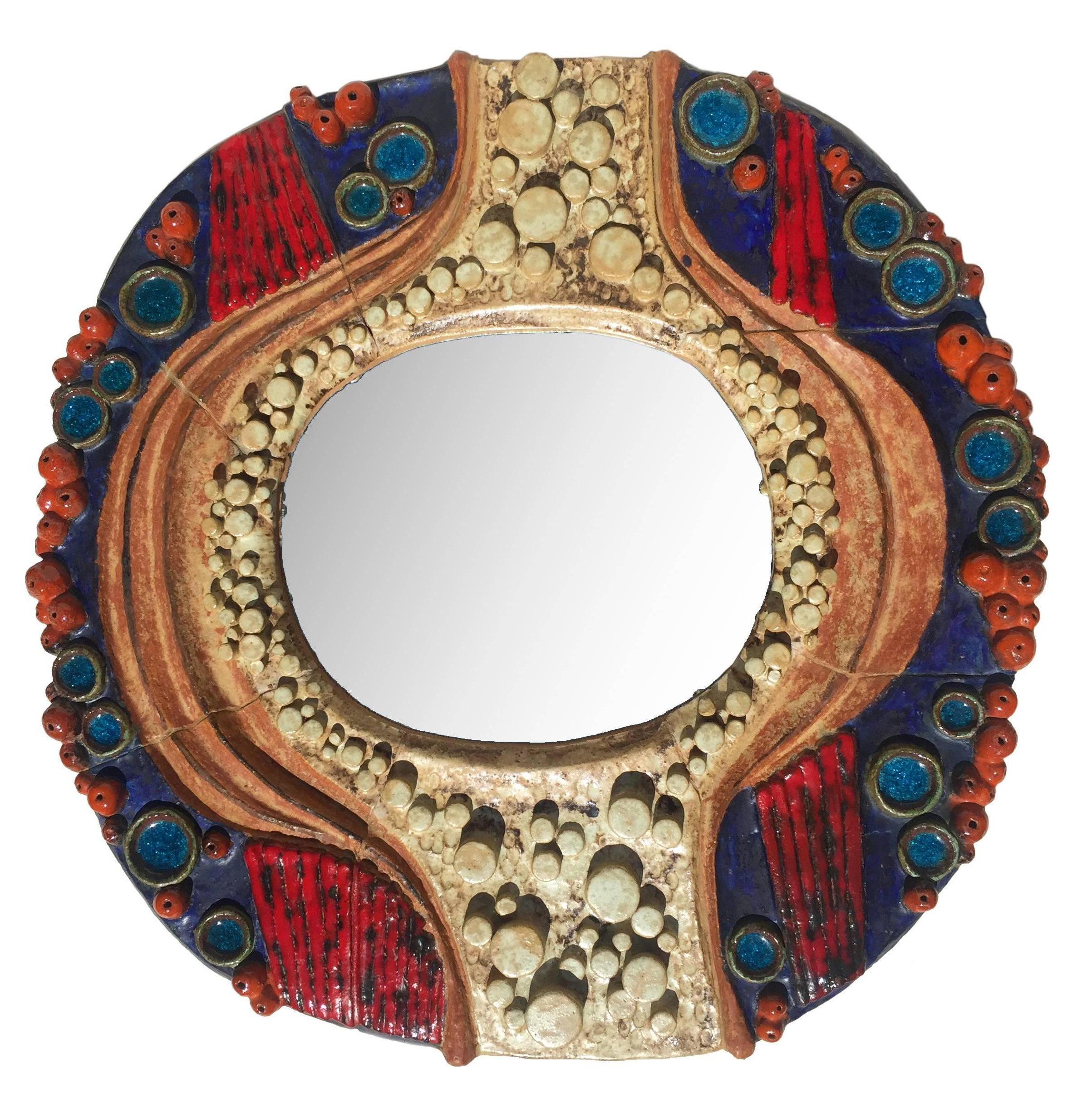One-of-a-kind Free Form Art Pottery Mirror 1970s Glazed Blue Red Pearl Rainbow For Sale