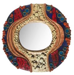 One-of-a-kind Free Form Art Pottery Mirror 1970s Glazed Blue Red Pearl Rainbow