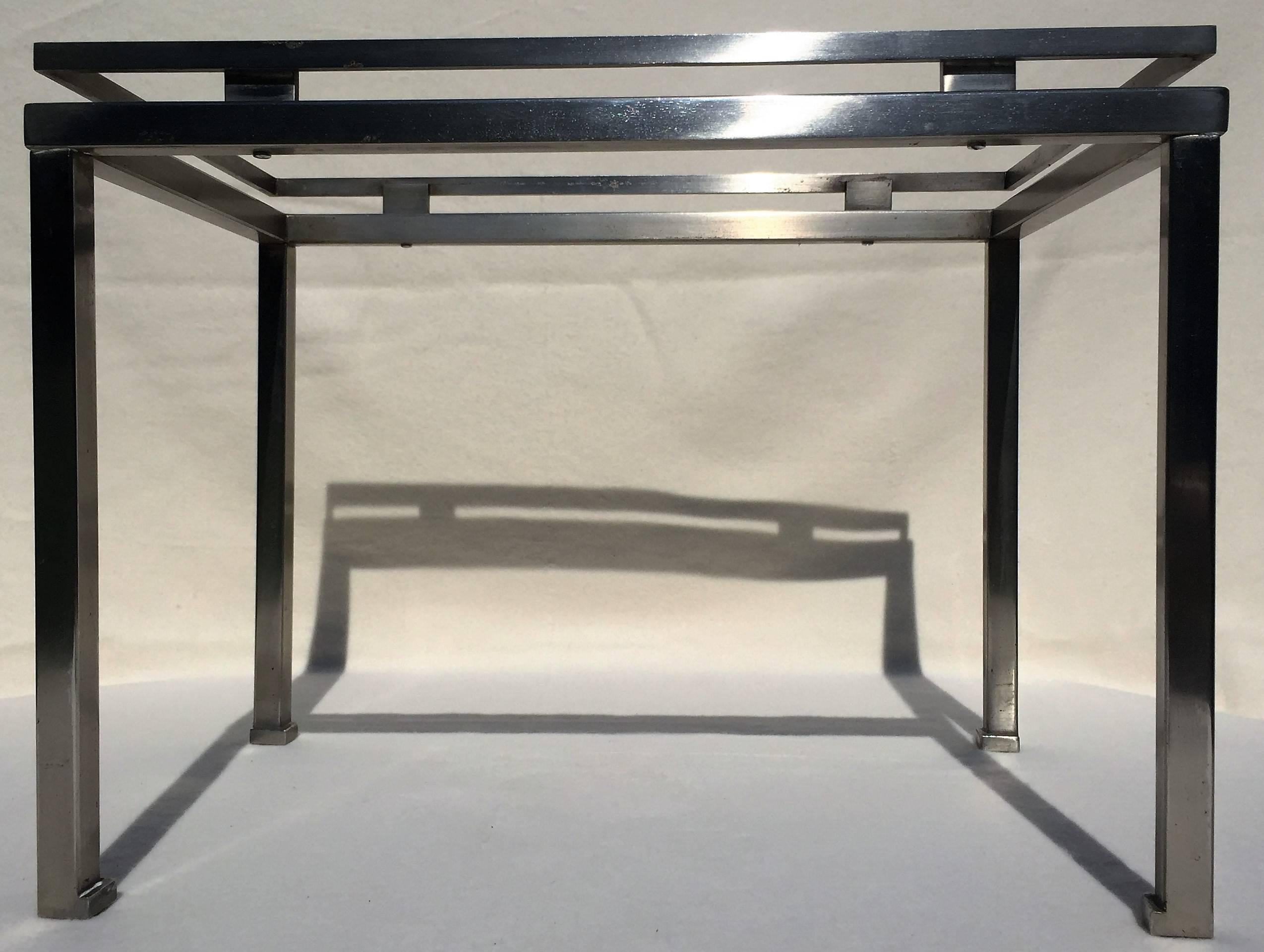 Mid-Century Modern Side Table by Guy Lefèvre for Maison Jansen, France, 1970s, Steel Smoked Glass For Sale
