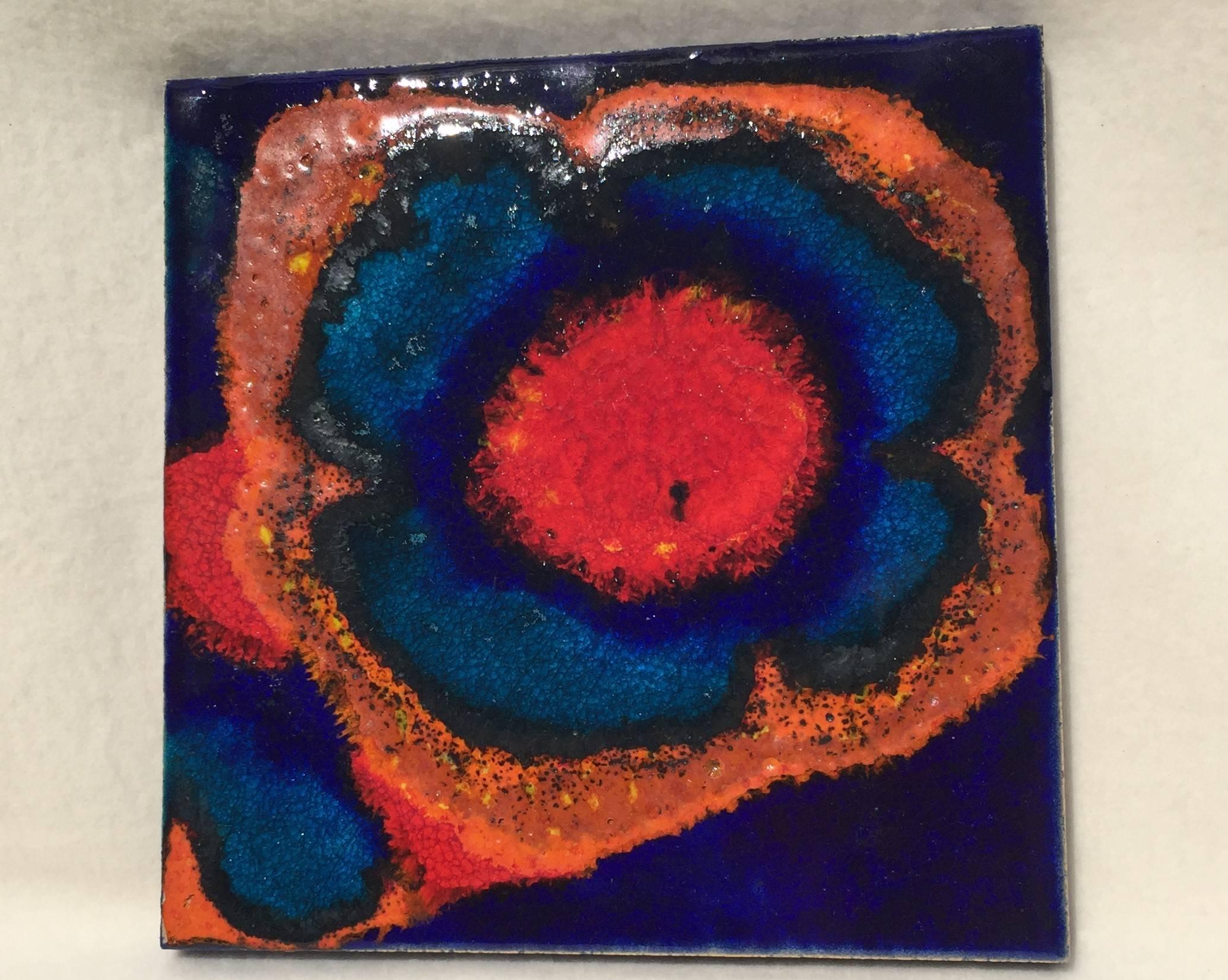 Ceramic Flower Tile in Glossy Blue Black Yellow Red Glaze by Assenmacher, 1970s For Sale 3