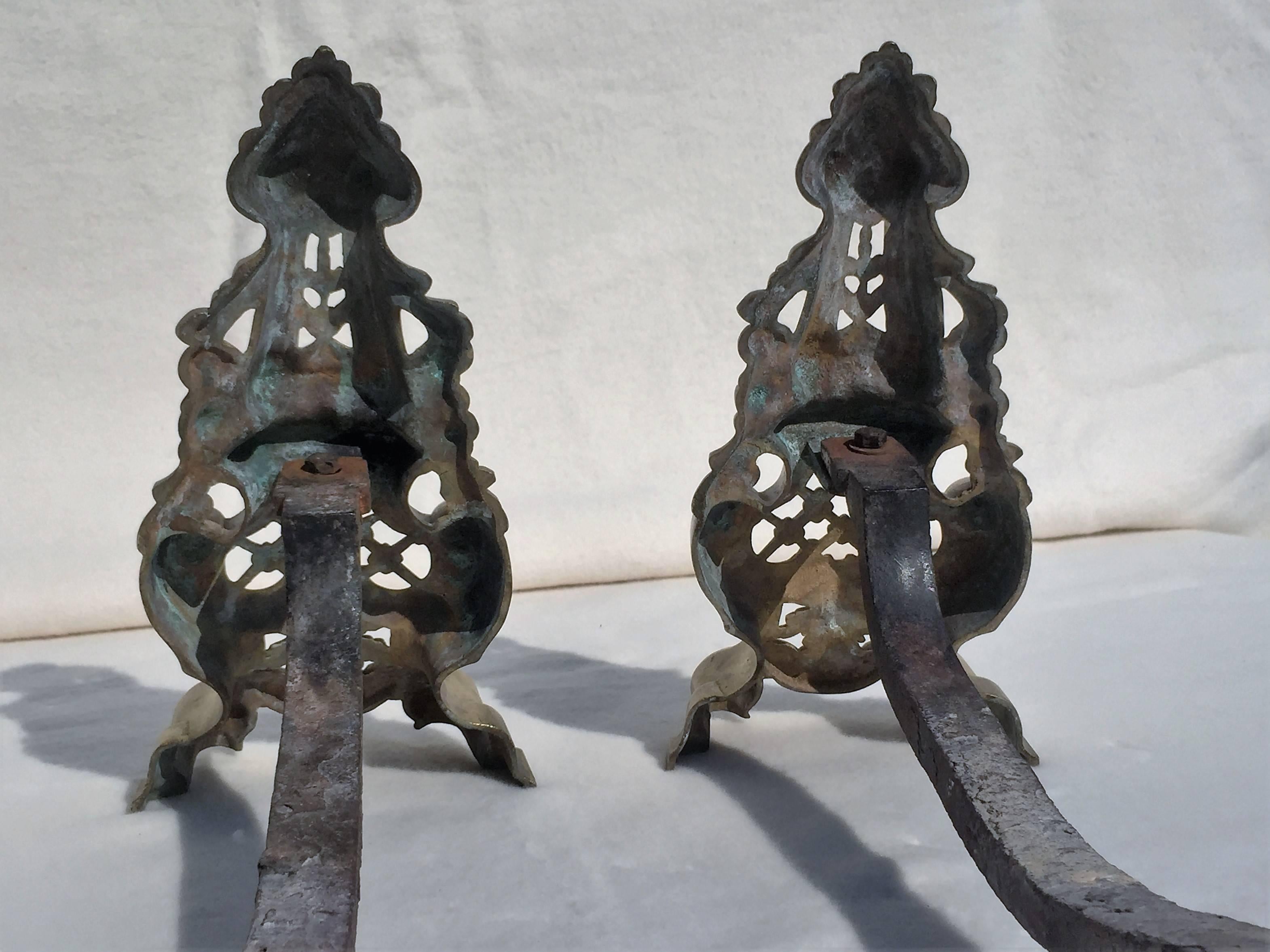 Cast French Louis XV Rococo Style 19th Century Bronze Andirons, Fire Dogs For Sale