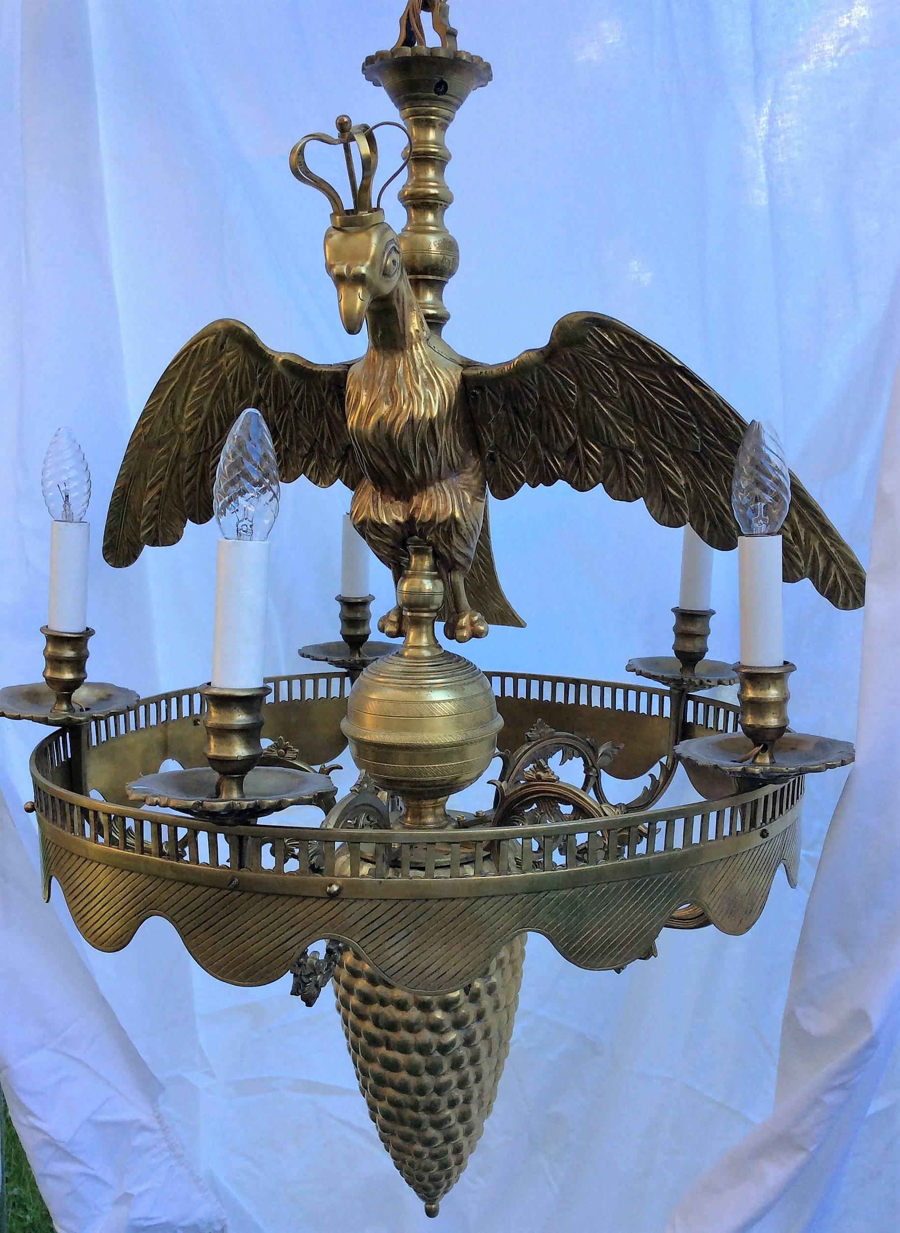 German Empire Bronze Chandelier with Crowned Eagle and Columbine Cup, 19th Century For Sale