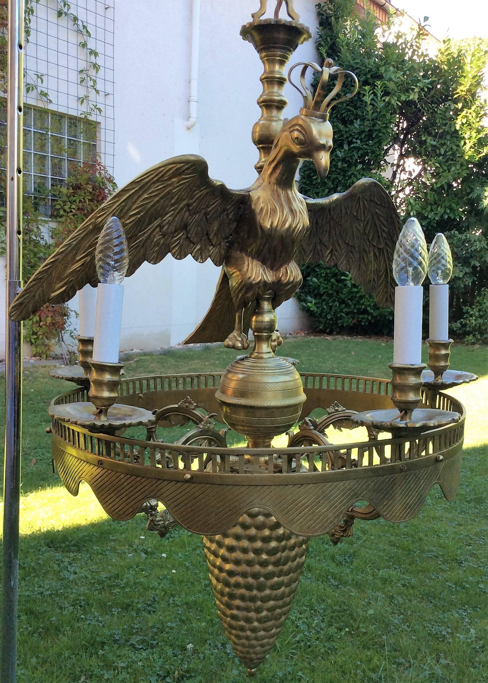 Empire Bronze Chandelier with Crowned Eagle and Columbine Cup, 19th Century For Sale 3